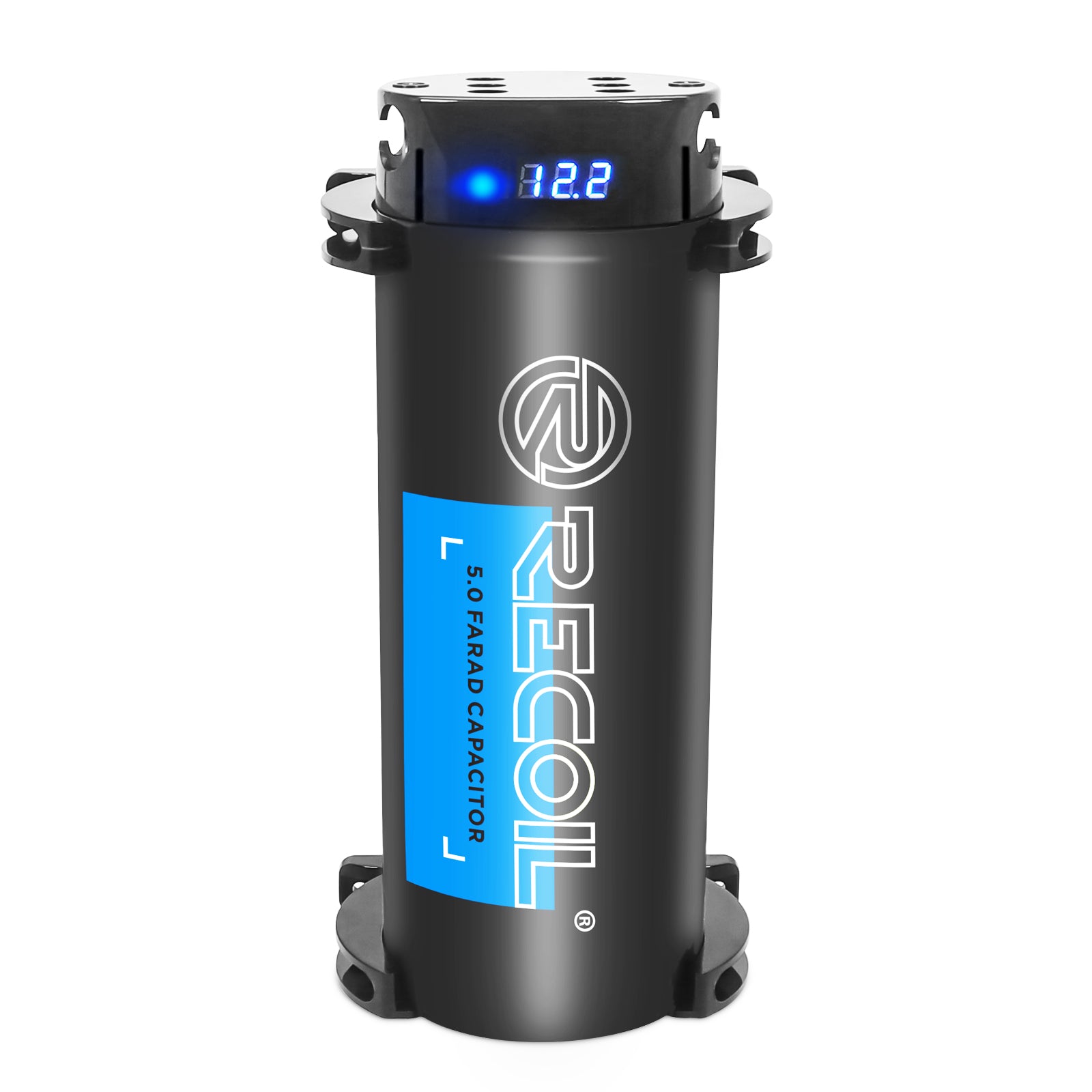 REC5D - 5 Farad 18sv Car Audio Energy Storage Reinforcement Electrolytic Capacitor with Digital Read-out and Built-in Distribution Block for Two Amplifiers