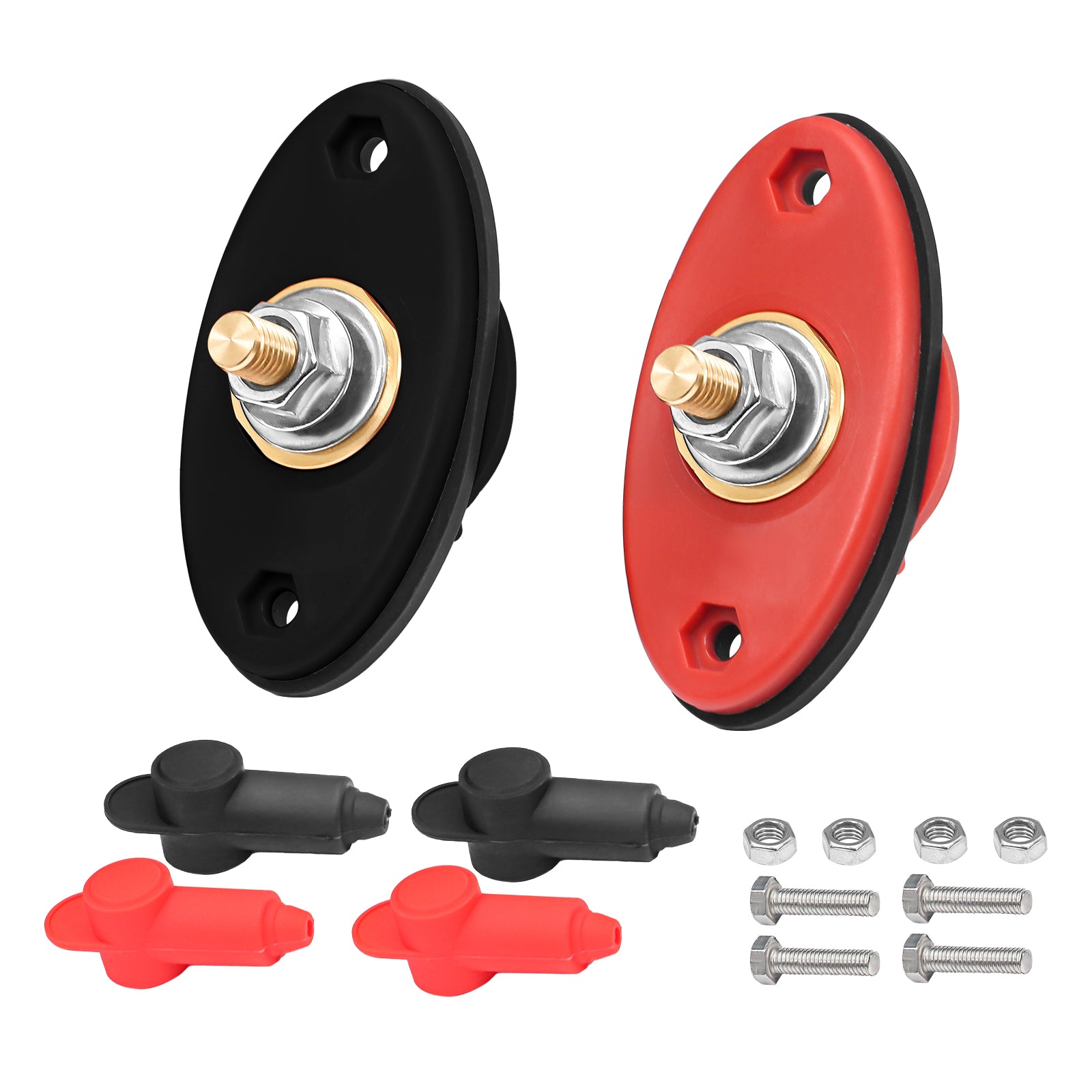 BTTP-516 - Premium High Current 5/16” Feed-thru Panel Battery Terminal Connectors with Silicone Terminal Covers, Red & Black Pair