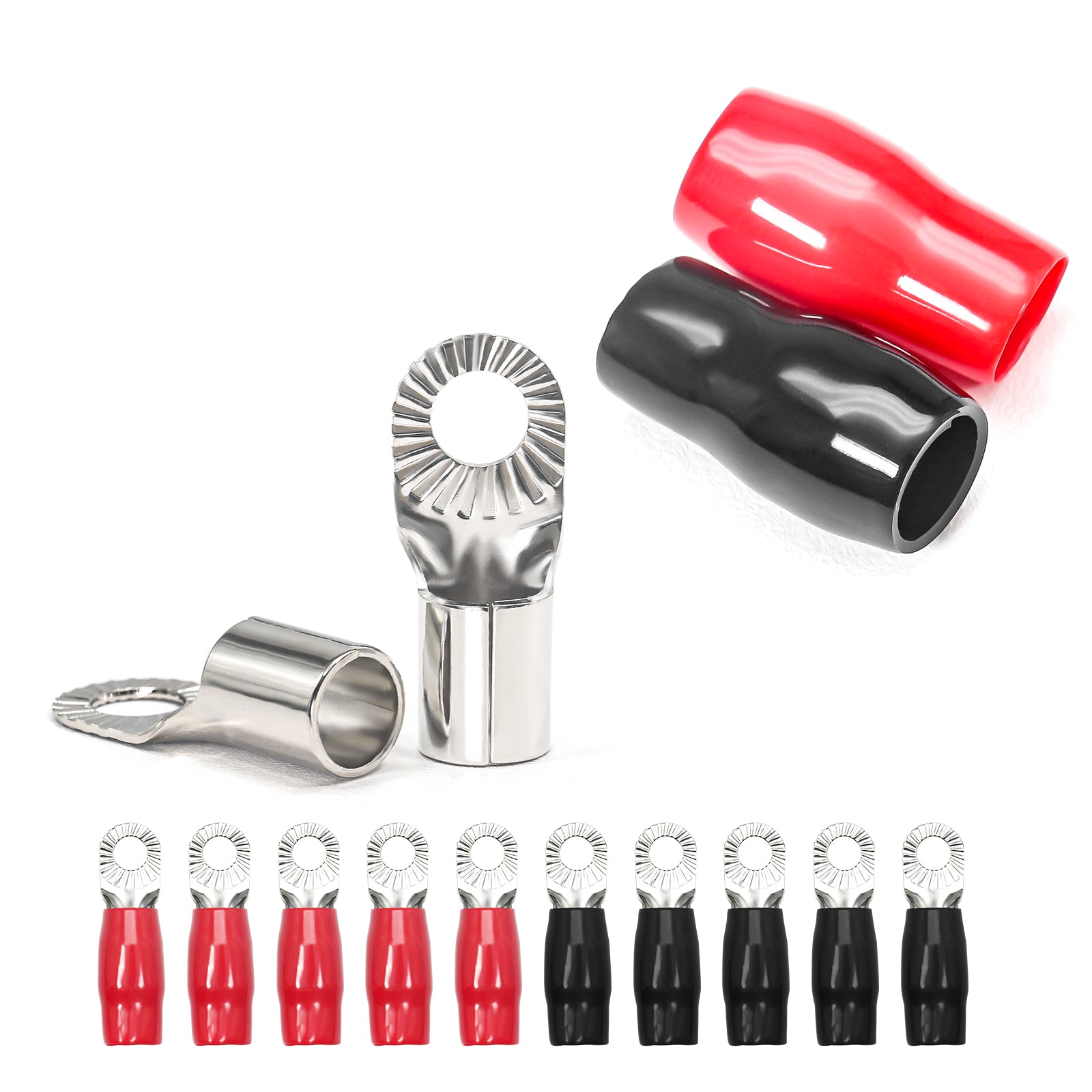 RT038-10 - 10pcs 0awg Copper Ring Terminals, 3/8” Ring Hole, Shiny Nickel Plated Crimp Ring Terminals with 10pcs Red & Black Soft Boots