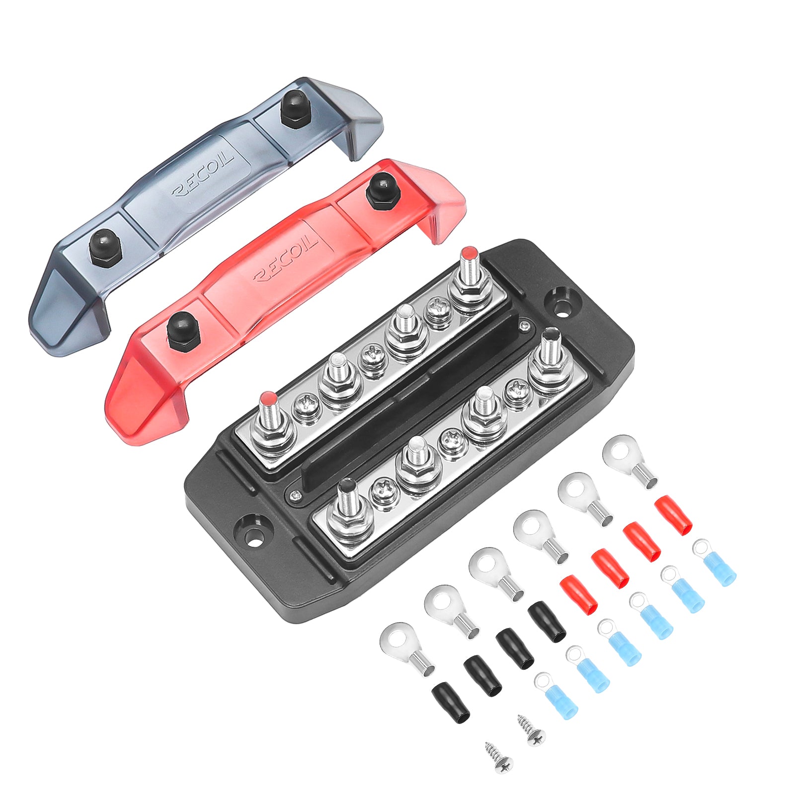DBBS43 - Dual Row Busbar Positive and Negative 4 X M5 Studs 3 X #8 Screw Terminals Power and Ground Distribution Block with Ring Terminals (red & Black)