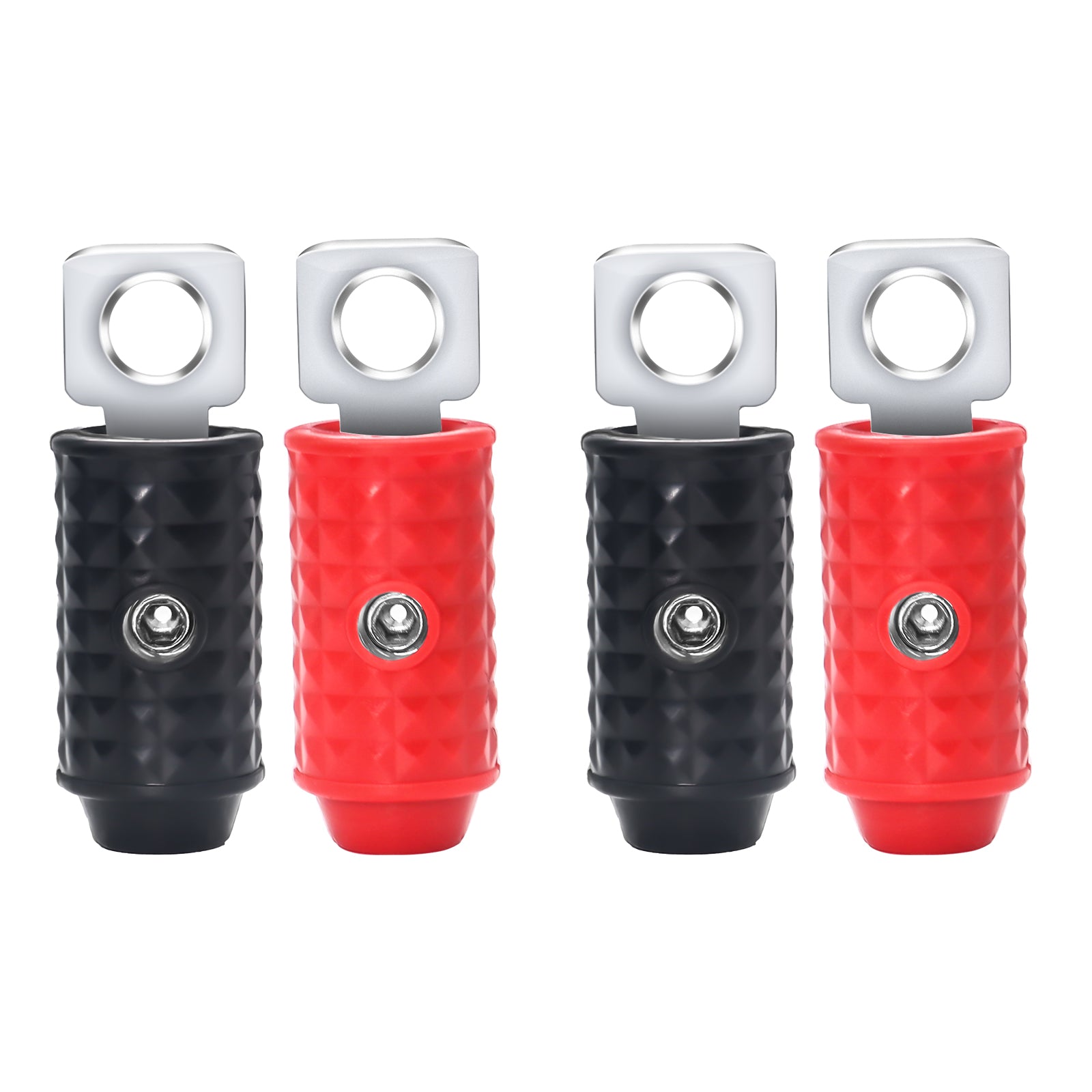 HR4Q - 4 Gauge Set Screw Brass Ring Terminals Battery Connectors with Red/black Silicon Covers, Marine-grade Satin Chrome Finish, Two Pair