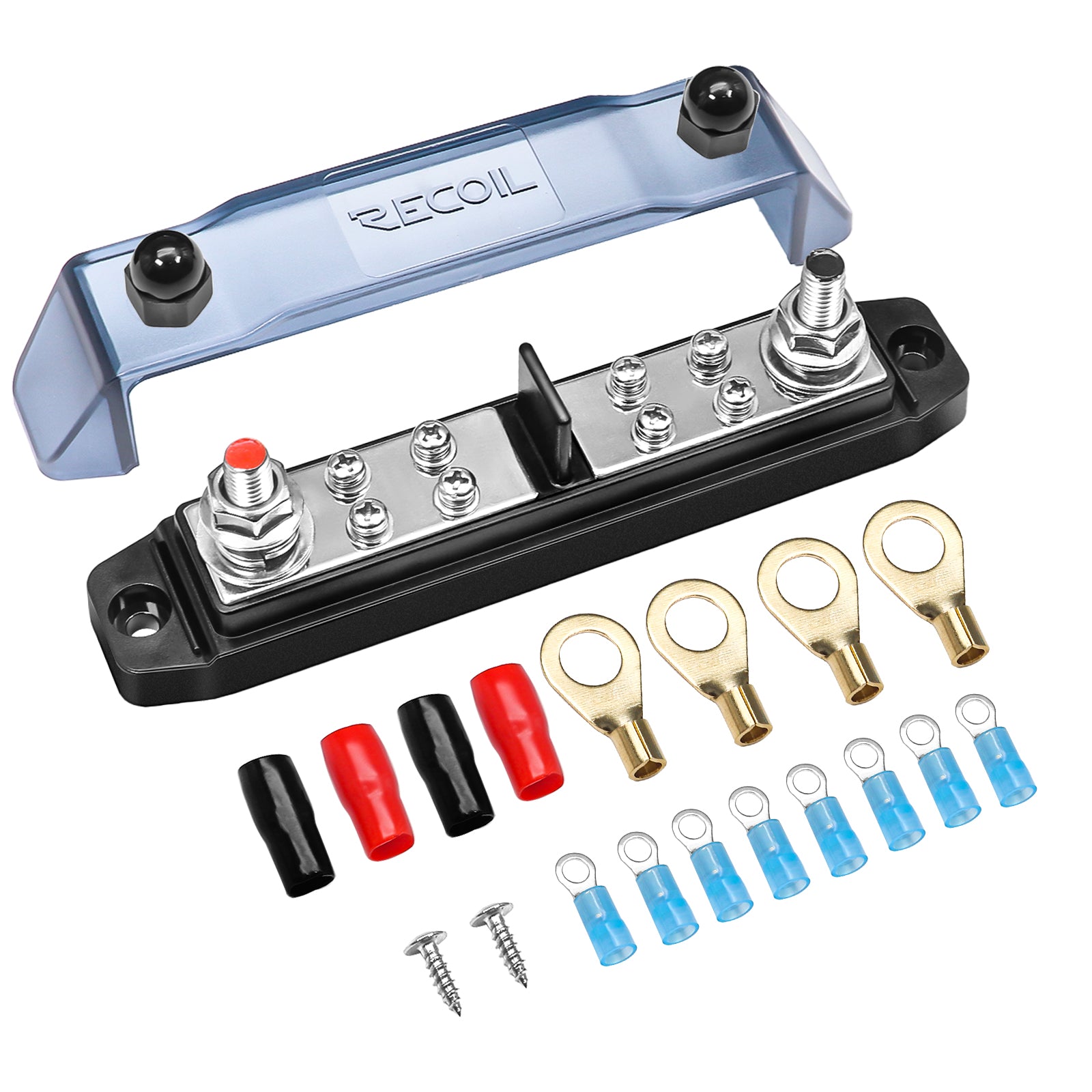 BBPG5 - Busbar Positive and Negative 2 X 5/16” Studs and 8 X #8 Screw Terminals Power Distribution Block with Ring Terminals