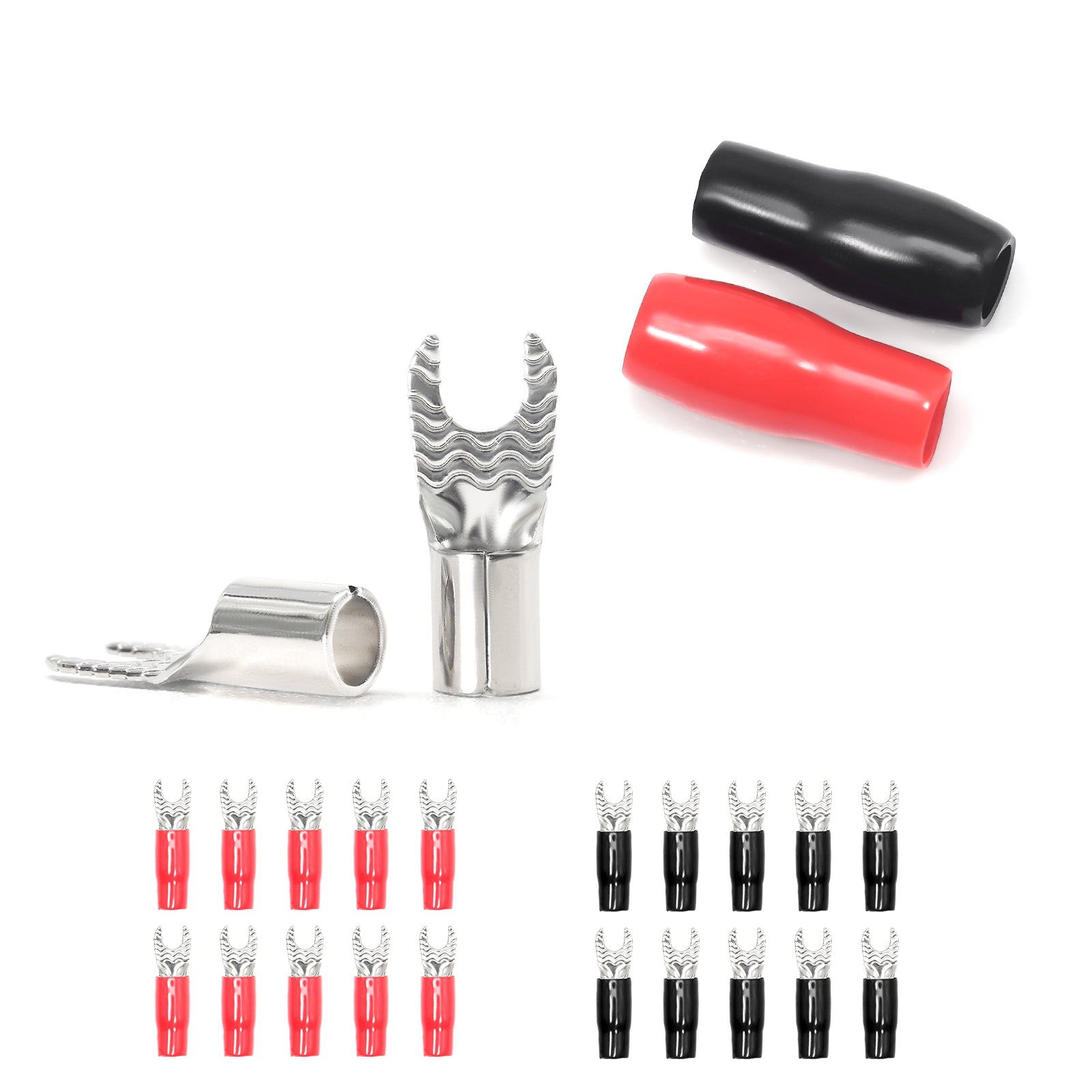 ST808-20 - 20pcs 8awg Copper Spade Terminals, #8 Opening, Shiny Nickel Plated Crimp Ring Terminals with 20pcs Red & Black Soft Boots