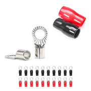 RT438-20 - 20pcs 4awg Copper Ring Terminals, 3/8” Ring Hole, Shiny Nickel Plated Crimp Ring Terminals with 20pcs Red & Black Soft Boots
