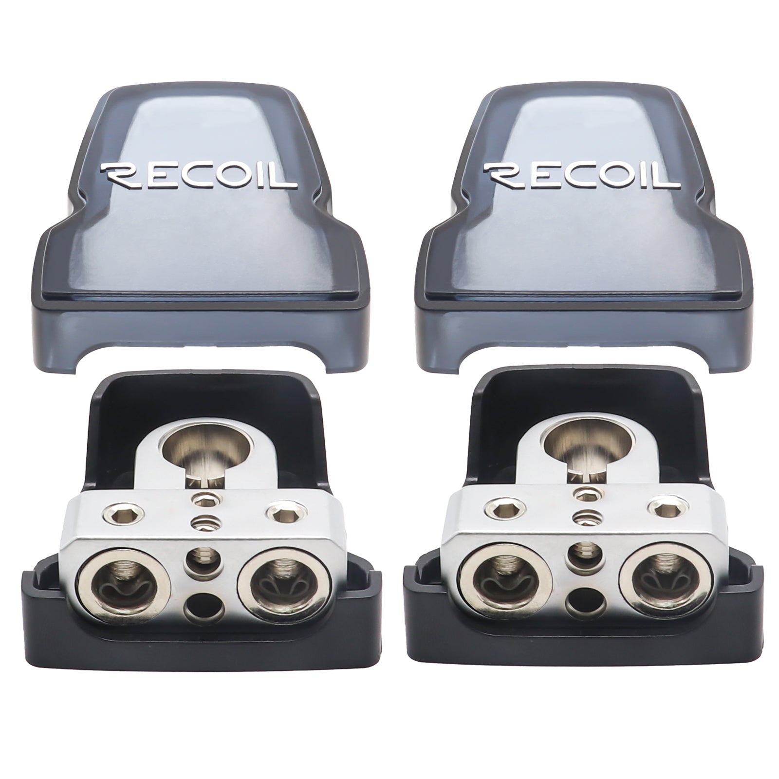 PBT-2028 - 2 Pack Premium Solid Brass Positive/negative Battery Terminals with Two 0/2/4 Gauge Outputs and Two 8 Gauge Outputs