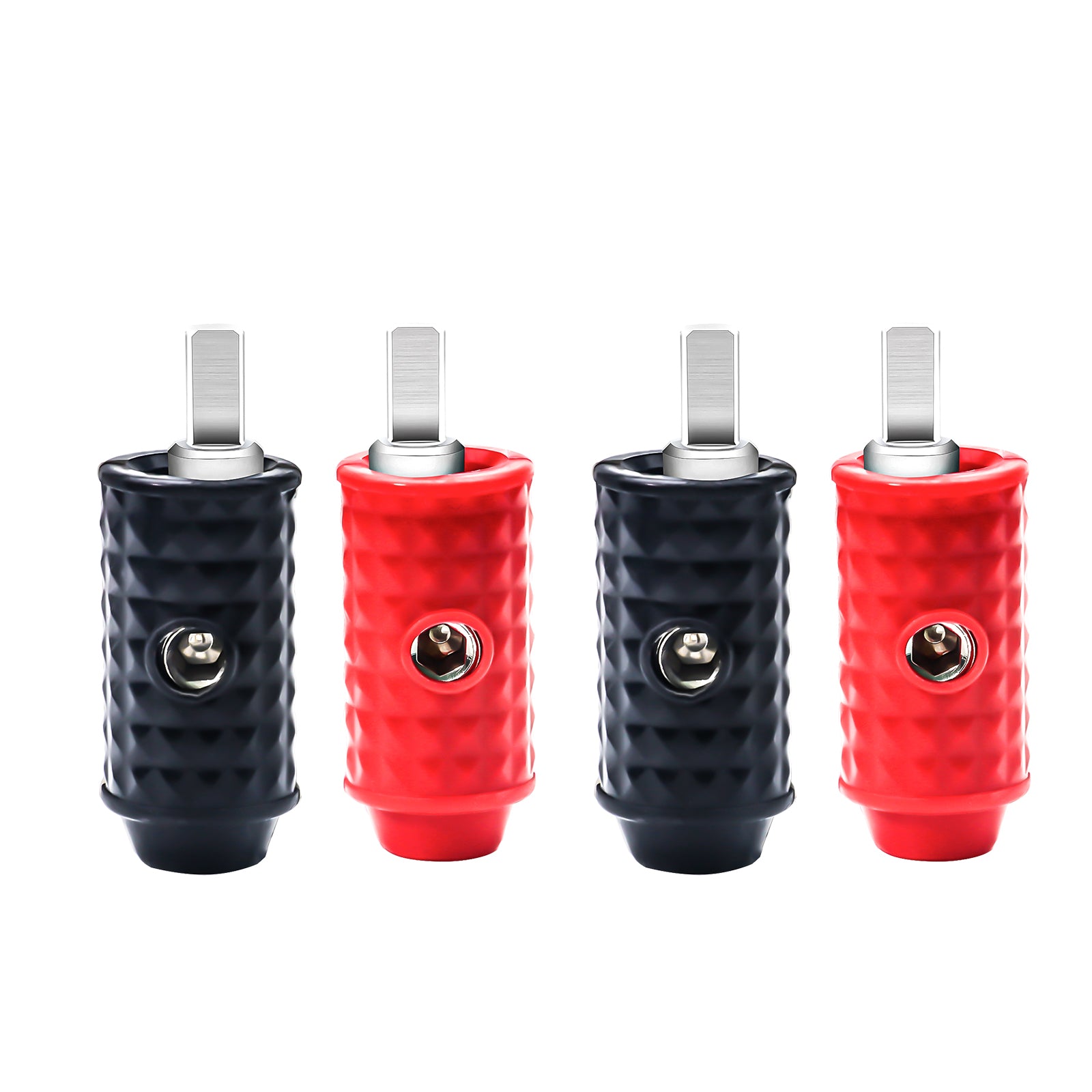 WR04Q - Amplifier Power/ground Input Wire Gauge Reducer Brass 1/0 Gauge to 4 Gauge with Red/black Silicon Covers, Marine-grade Satin Chrome Finish, Two Pair