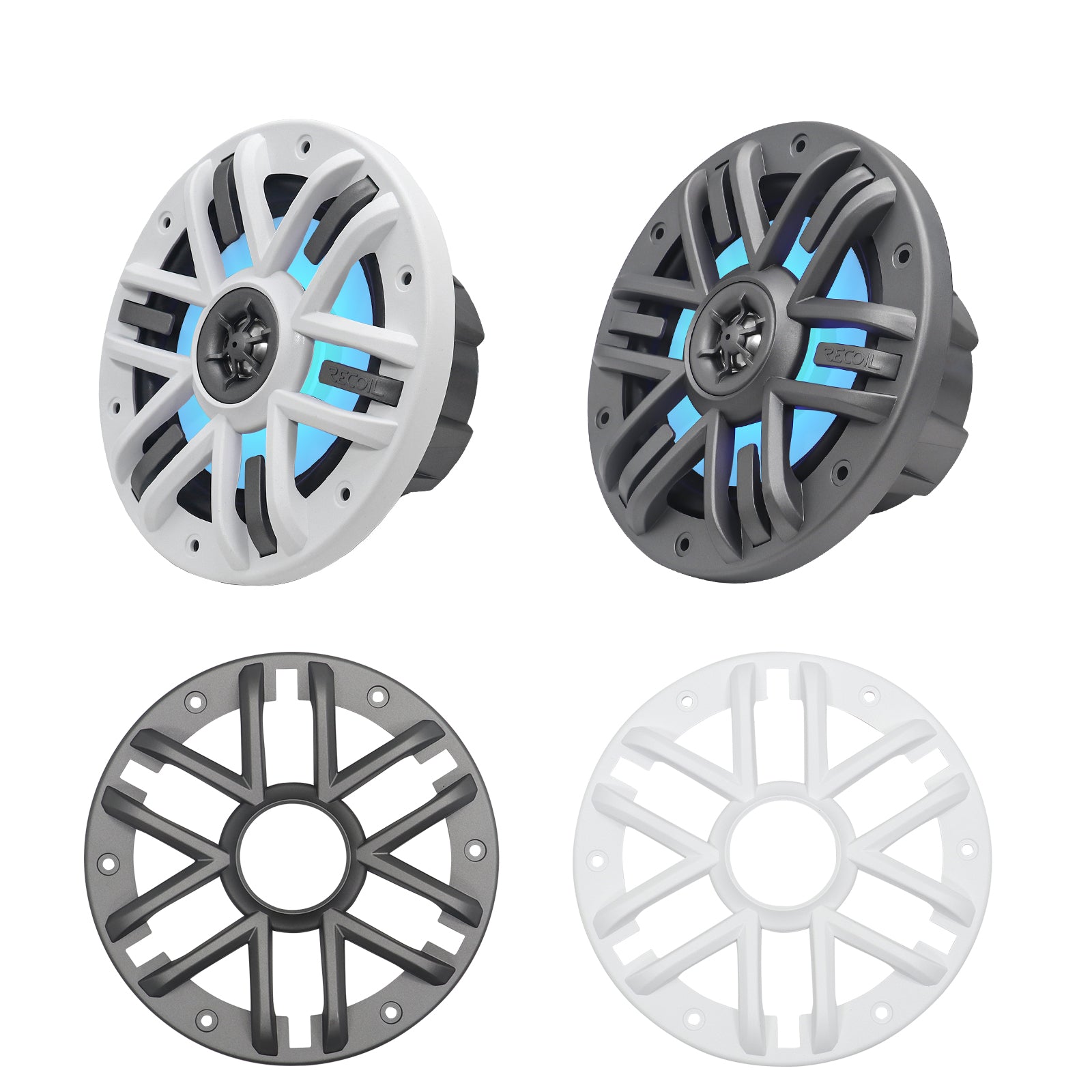 M1-65 - M1 Series 6.5 Inch 2-way Marine Boat & Utv/atv Coaxial Speakers with Built-in RGB LED Lighting, One Pair of Each Dark Silver and White Grilles