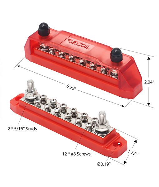 BB212P - Bus Bar 2 X 5/16” Studs and 12 X #8 Screw Terminals Power Distribution Block Busbar with Ring Terminals Pair, Red & Black