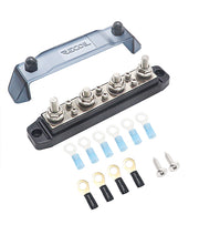 BB46B - Busbar 4 X 5/16” Studs and 6 X #8 Screw Terminals Power Distribution Block with Ring Terminals, Black