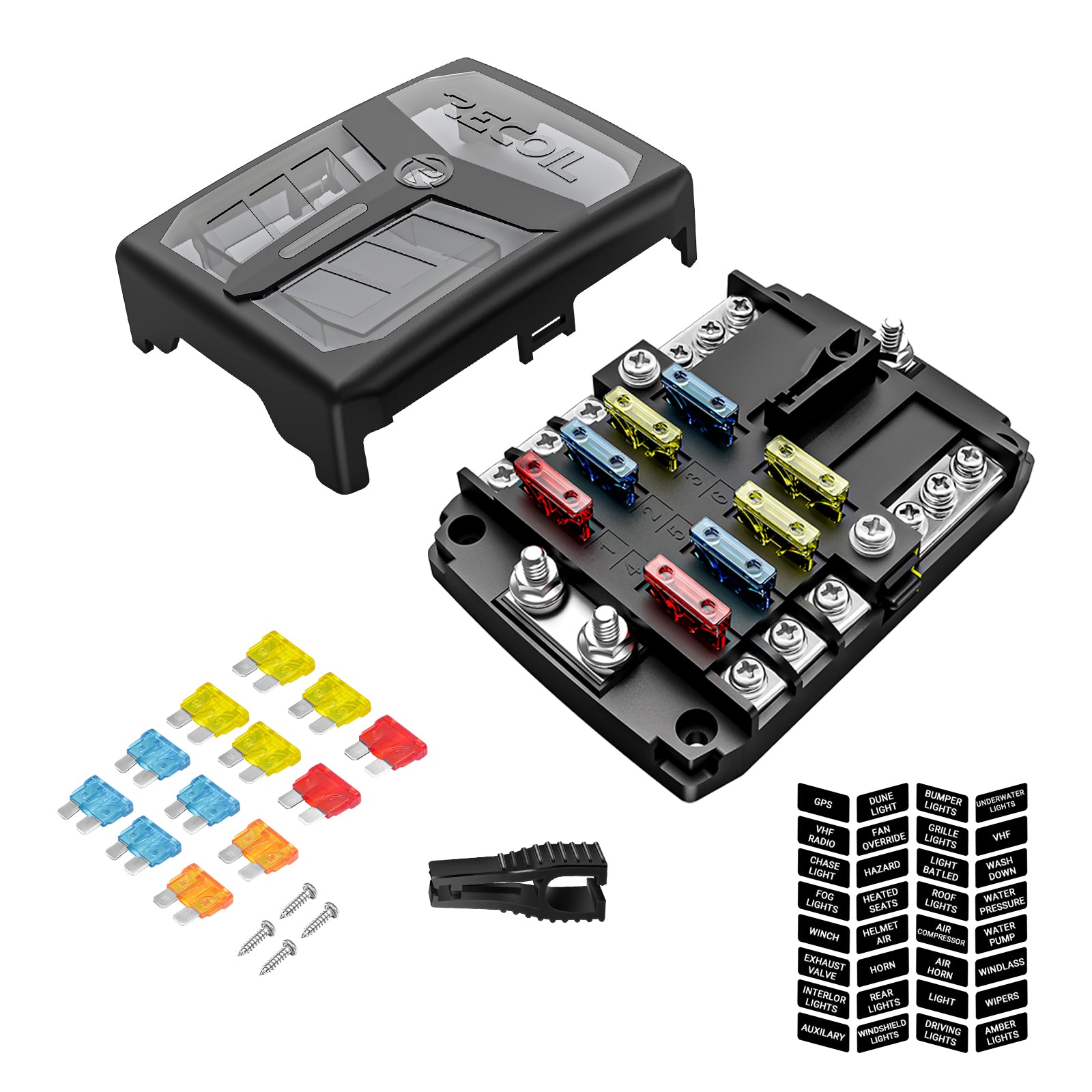 AFG6 - 6-way Atc/ato Fuse Block with Negative Busbar, 6-circuit Power & Ground Combo Block for Car RV Truck Boat Utv/atv, Bolt Terminals, 12pcs Fuses, Screws, Fuse Tool & Sticker Labels