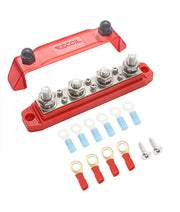 BB46R - Busbar 4 X 3/8” Studs and 6 X #8 Screw Terminals Power Distribution Block with Ring Terminals, Red