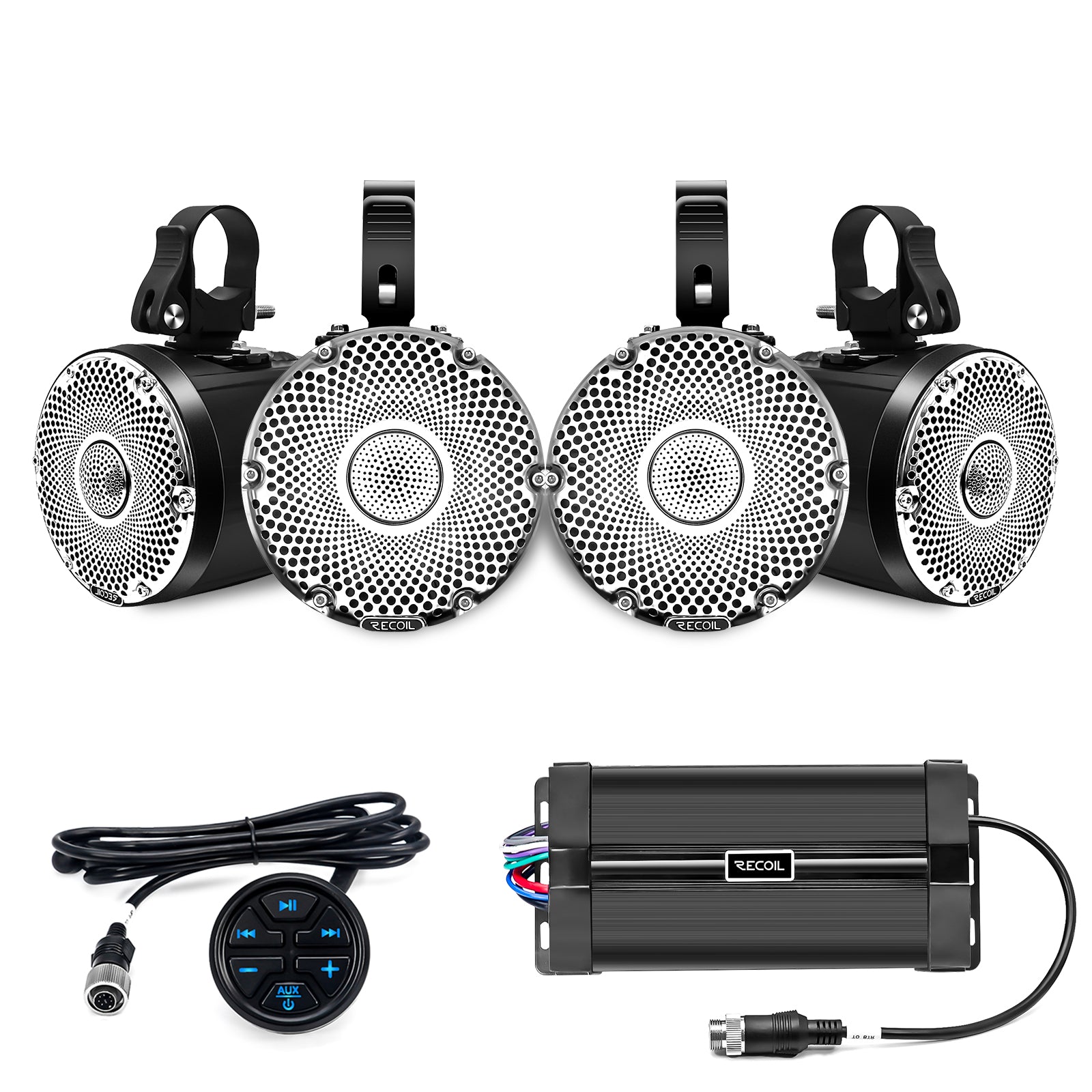 R4-Q - Complete Marine 400 Watts Quad Speakers Audio System, Two Pairs Super Loud 4” Speaker Pods with 3” Passive Radiators, 4-channel Marine Amplifier, Bt Controller, for UTV, ATV, Golf Cart, Boat, Off-road Motorsports Audio