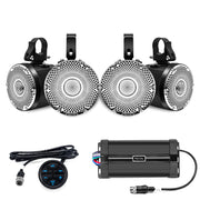 R4-Q - Complete Marine 400 Watts Quad Speakers Audio System, Two Pairs Super Loud 4” Speaker Pods with 3” Passive Radiators, 4-channel Marine Amplifier, Bt Controller, for UTV, ATV, Golf Cart, Boat, Off-road Motorsports Audio