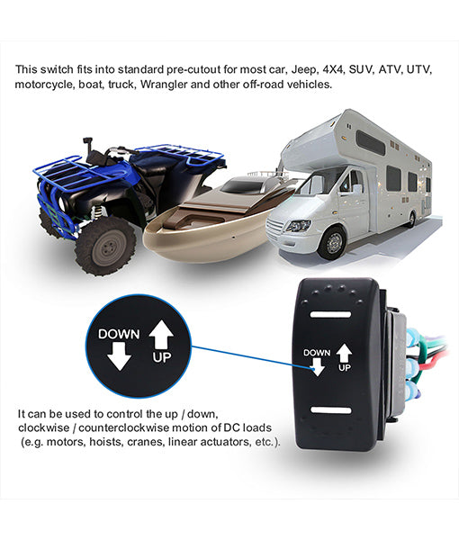 LAS2 - DPDT 20a 12v DC Motor Polarity Reversing Momentary Rocker Switch with Pigtail Wire Actuator