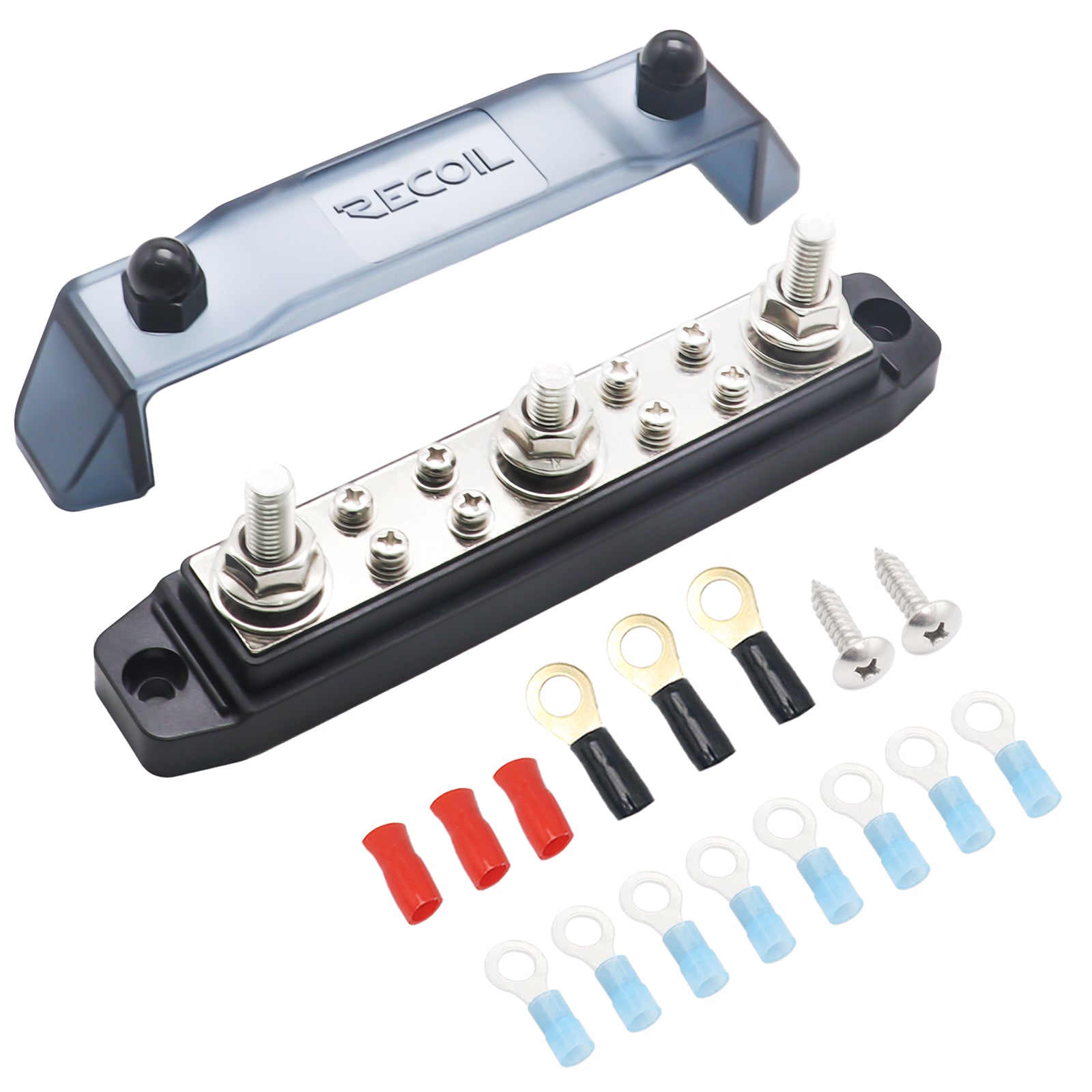 BB38B - Busbar 3 X 5/16” Studs and 8 X #8 Screw Terminals Power Distribution Block with Ring Terminals, Black