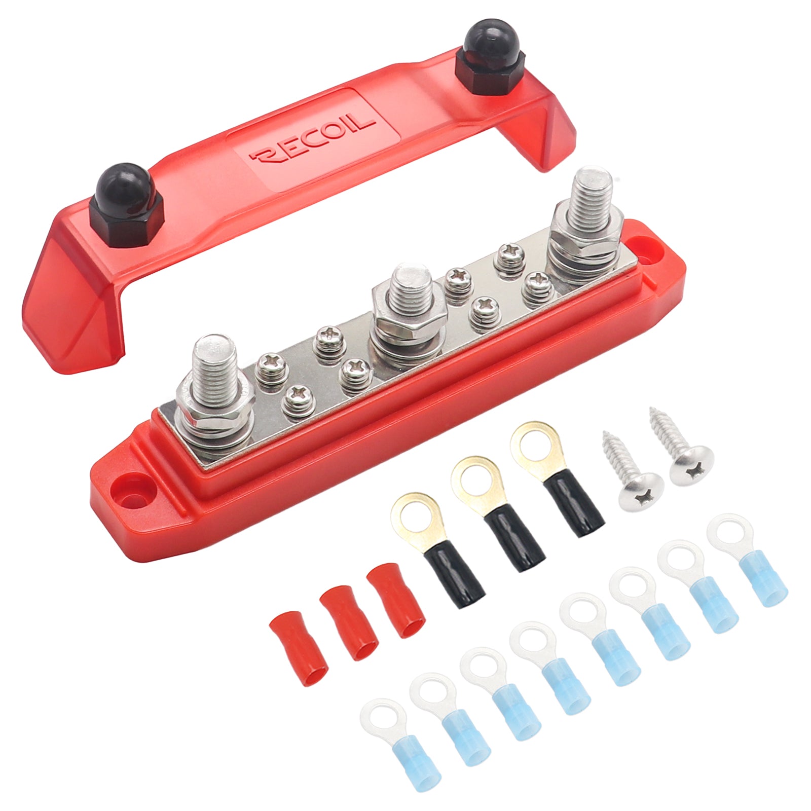 BB38R - Busbar 3 X 3/8” Studs and 8 X #8 Screw Terminals Power Distribution Block with Ring Terminals, Red