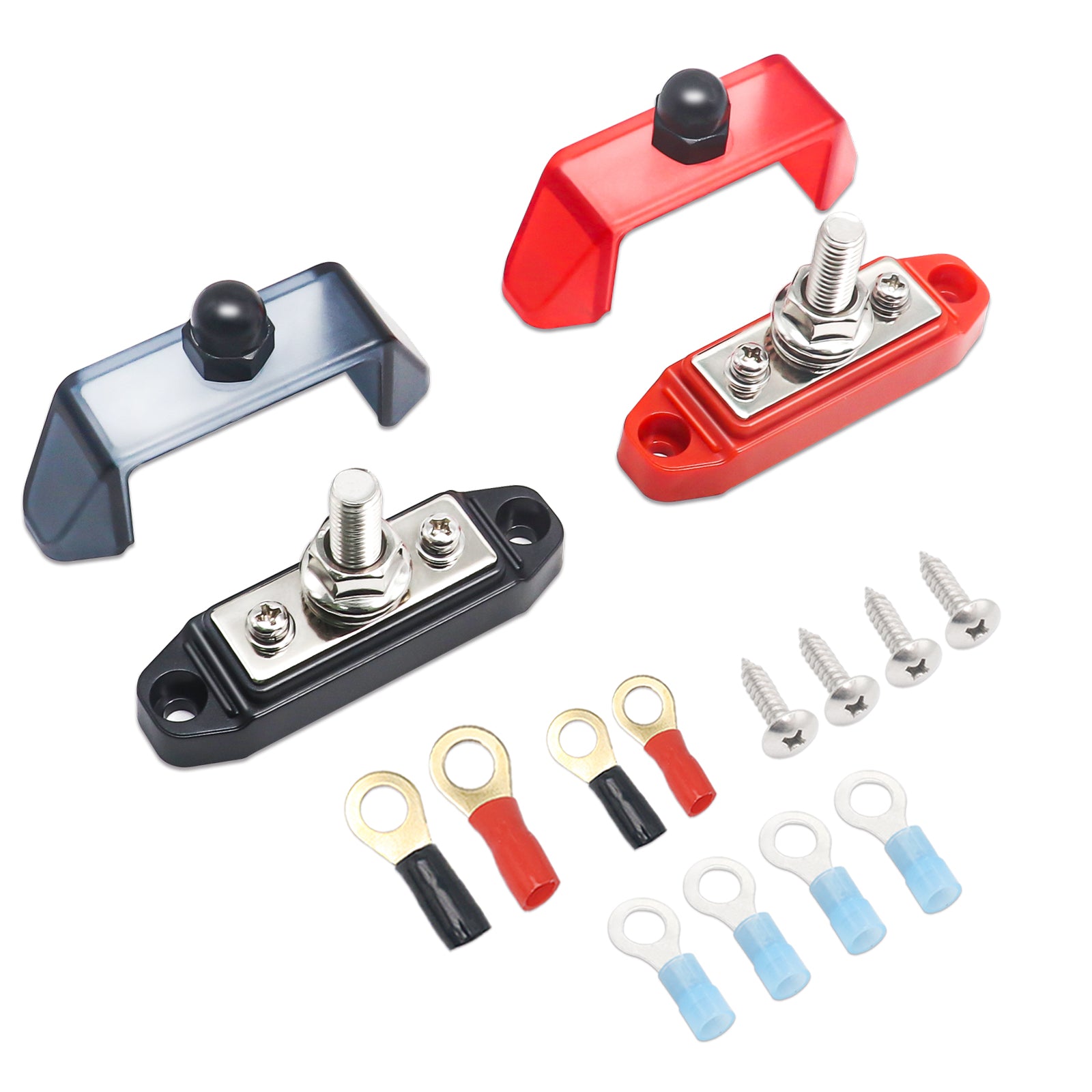 S12P-516 - Pair 3 Connections Busbar 1 X 5/16” Stud 2 X #8 Screw Terminals Power Distribution Block with Ring Terminals (red & Black)