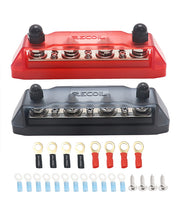 BB46P - Busbar 4 X 3/8” Studs 6 X #8 Screw Terminals Red & 4 X 5/16” Studs 6 X #8 Screw Terminals Black Power Distribution Block with Ring Terminals (pair)