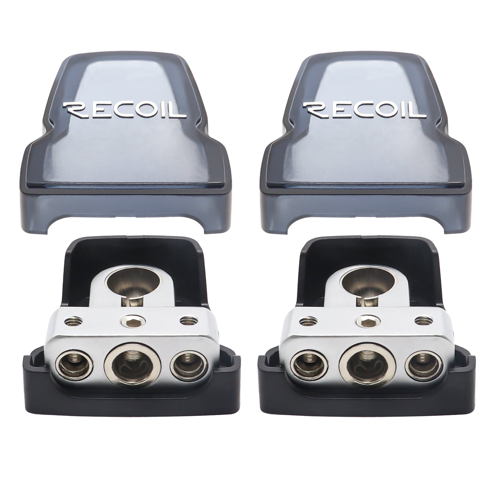 PBT-1024 - 2 Pack Premium Solid Brass Positive/negative Battery Terminals with One 0/2/4 Gauge Output and Two 4/8 Gauge Outputs