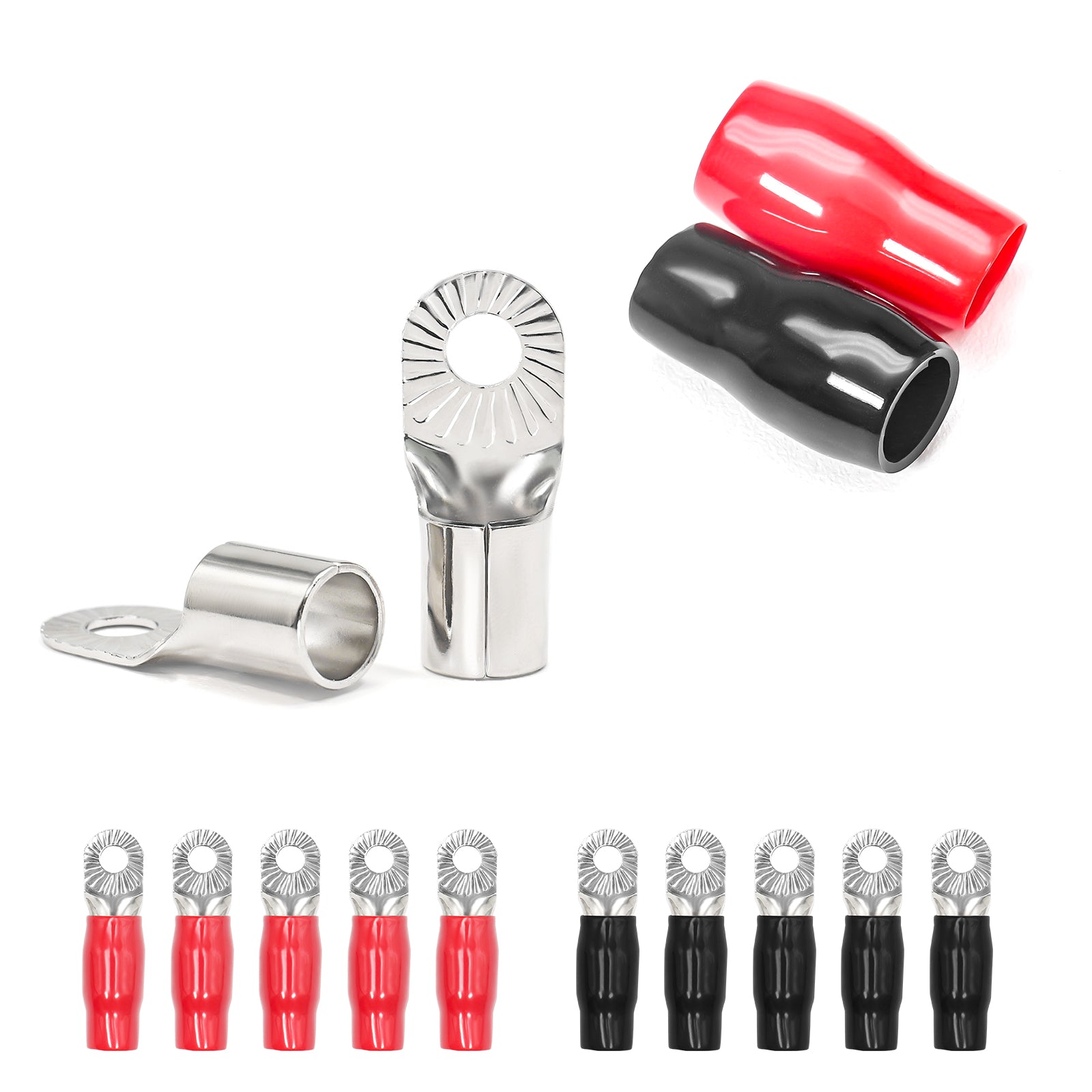 RT0516-10 - 10pcs 0awg Copper Ring Terminals, 5/16” Ring Hole, Shiny Nickel Plated Crimp Ring Terminals with 10pcs Red & Black Soft Boots