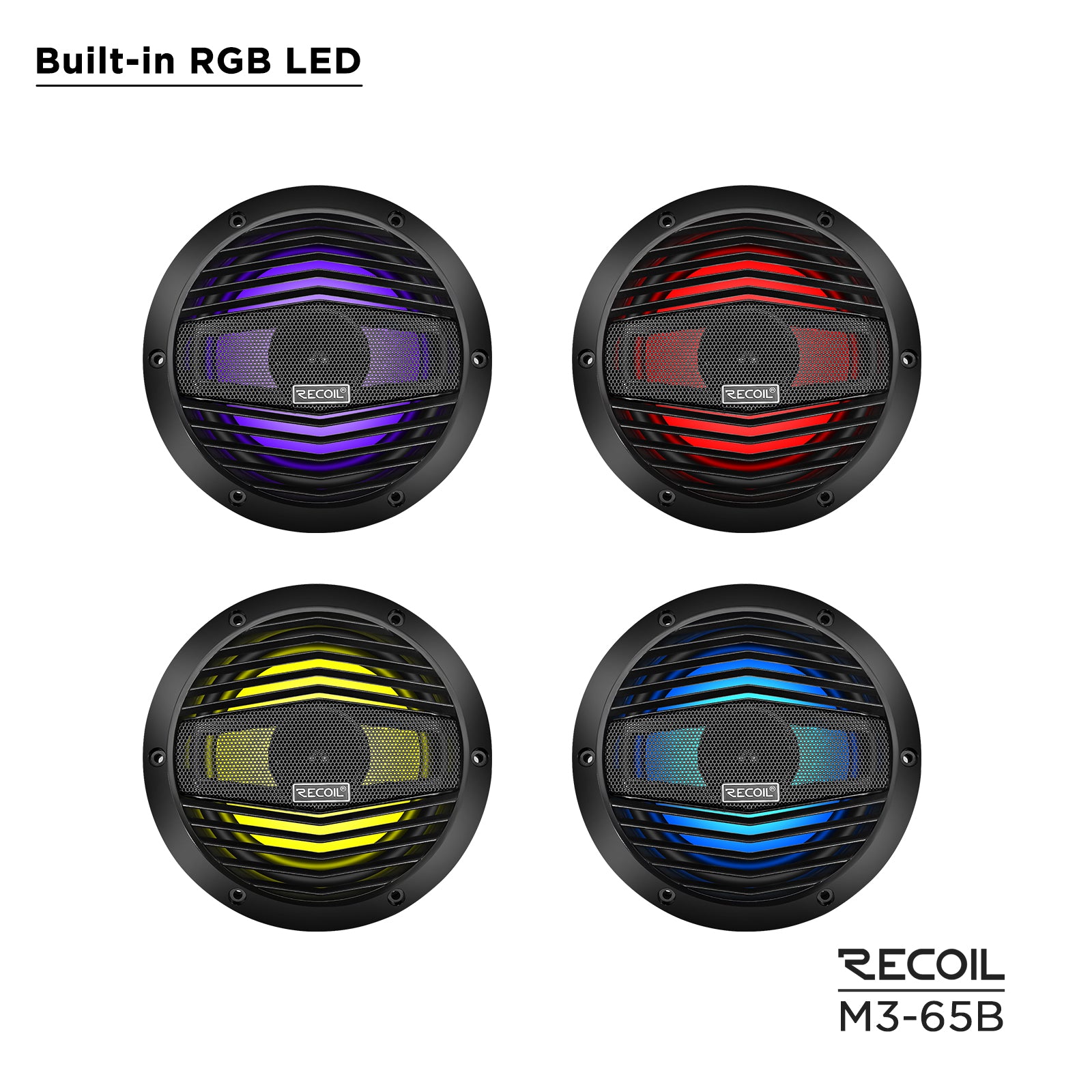 M3-65B - 6.5 Inch 2-way Marine Boat Coaxial Speakers with Built-in RGB LED, Black