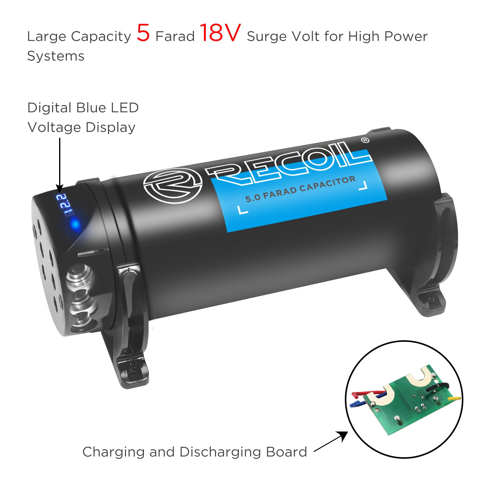 REC5D - 5 Farad 18sv Car Audio Energy Storage Reinforcement Electrolytic Capacitor with Digital Read-out and Built-in Distribution Block for Two Amplifiers