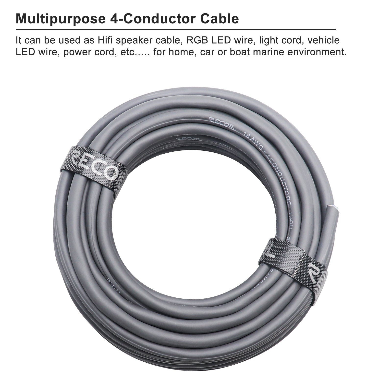 RLW418-100 - 100ft Multipurpose 4-conductor 18awg Wire, Low Voltage RGB LED Wire, LED Extension Cable, Speaker Wire, Power Extension Cord