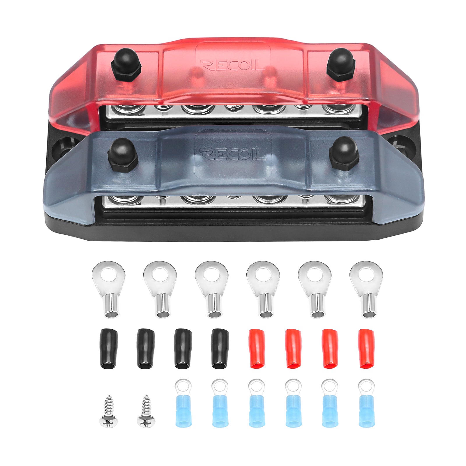 DBBS43 - Dual Row Busbar Positive and Negative 4 X M5 Studs 3 X #8 Screw Terminals Power and Ground Distribution Block with Ring Terminals (red & Black)