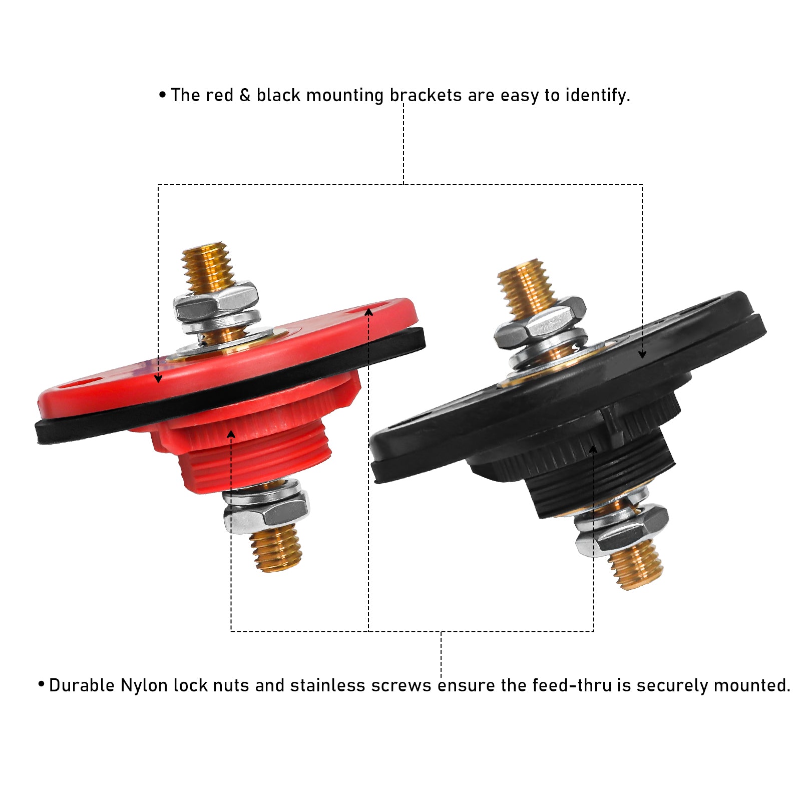 BTTP-38 - Premium High Current 3/8” Feed-thru Panel Battery Terminal Connectors with Silicone Terminal Covers, Red & Black Pair