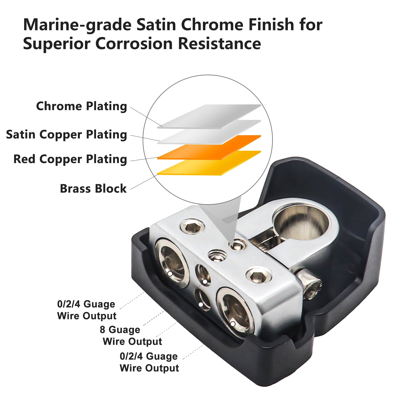 PBT-2028 - 2 Pack Premium Solid Brass Positive/negative Battery Terminals with Two 0/2/4 Gauge Outputs and Two 8 Gauge Outputs