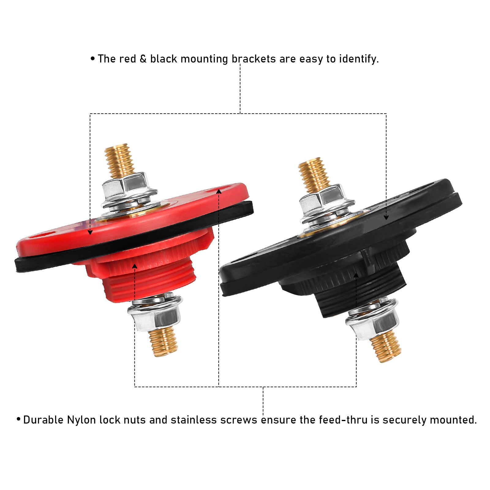 BTTP-516 - Premium High Current 5/16” Feed-thru Panel Battery Terminal Connectors with Silicone Terminal Covers, Red & Black Pair