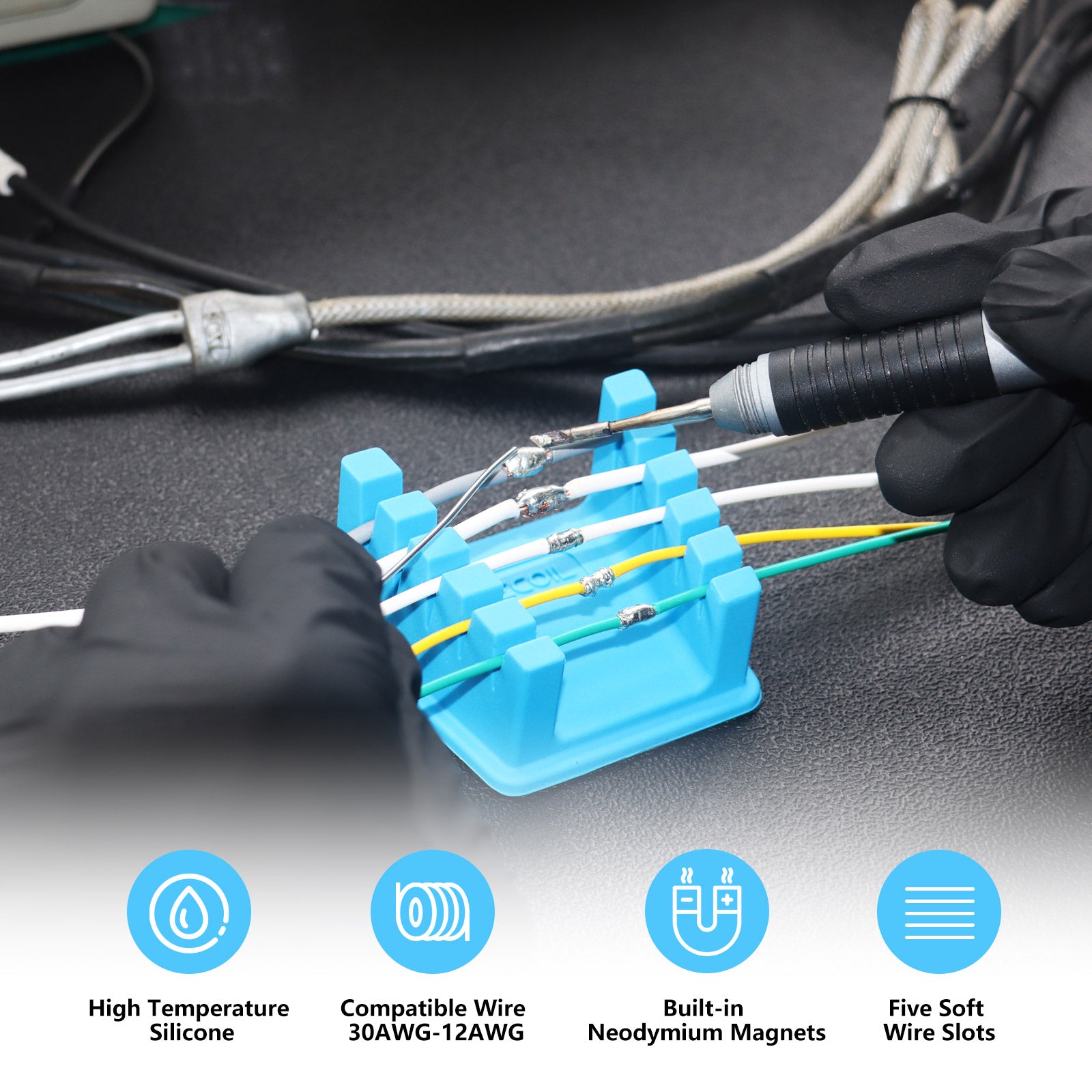 SWSS-P - Silicone Wire Harness Soldering Holder, Wire Leads Clamp Stand with Neo Magnets Base, Holds 30awg to 12awg Wires, High Temperature Silicone, Pair