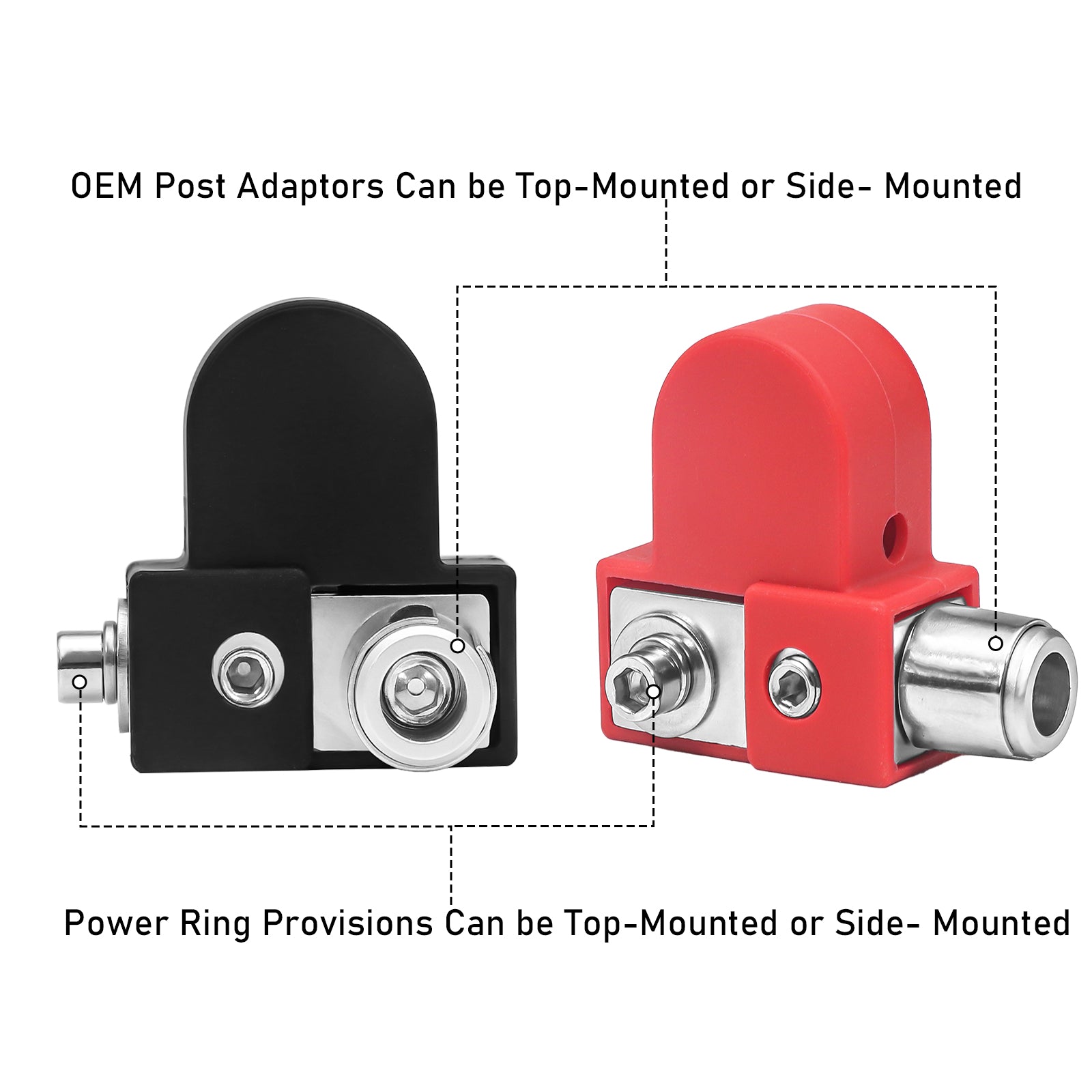 BTO - Solid Brass Positive/negative Battery Terminals with Adaptor Collars, 1x0/2/4 Gauge & 1x4/8 Gauge Outputs, Top-mounted or Side-mounted Power Ring Provision and Oem Post Adapter