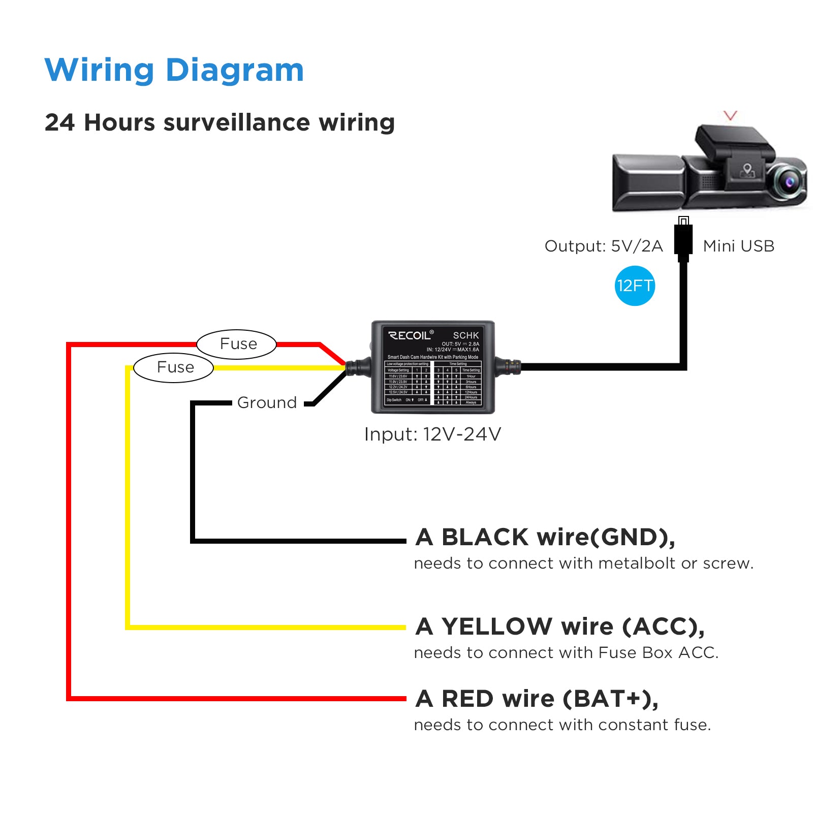 SCHK - Dash Camera Acc Hardwire Kit Mini-usb, 24h Parking Monitor Mode, Converts 12-24v to Output 5v/2.5a, Low Voltage Protection, 14ft with Fuse Tap Kit