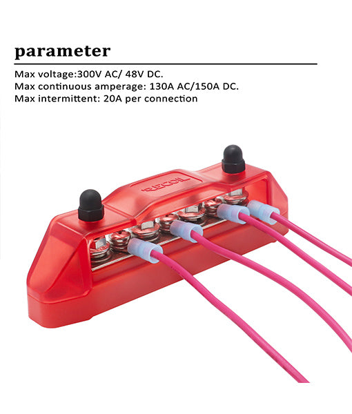 BBS43-P - Bus Bar 4 X 1/4” Studs, 3 X #8 Screw Terminals Power Distribution Block with Ring Terminals (pair Red & Black)