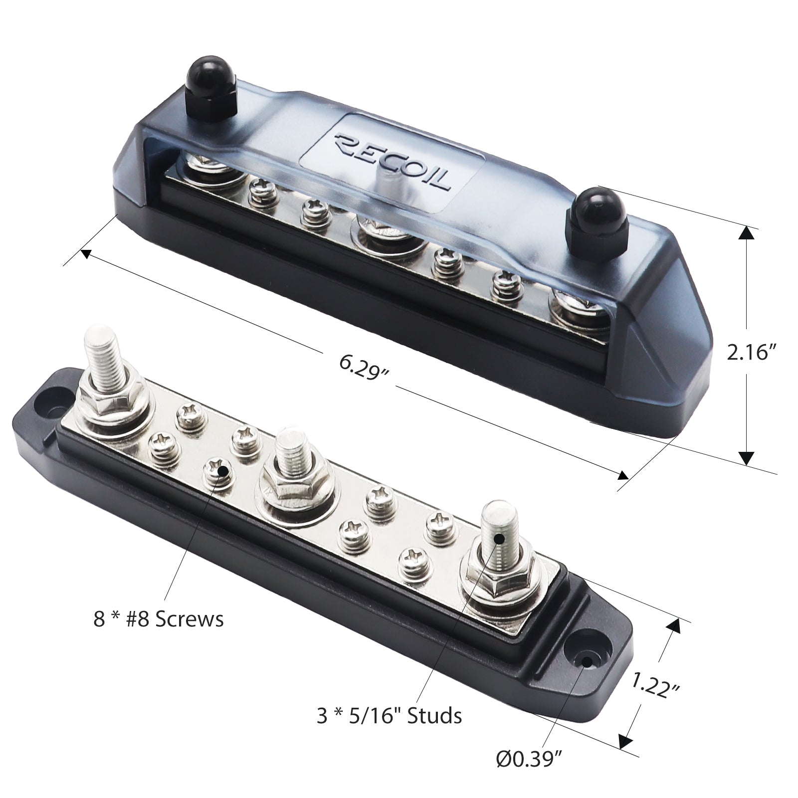 BB38P - Busbar 3 X 3/8” Studs 8 X #8 Screw Terminals (red) & 3 X 5/16” Studs 8 X #8 Screw Terminals (black) Power Distribution Block with Ring Terminals, Pair