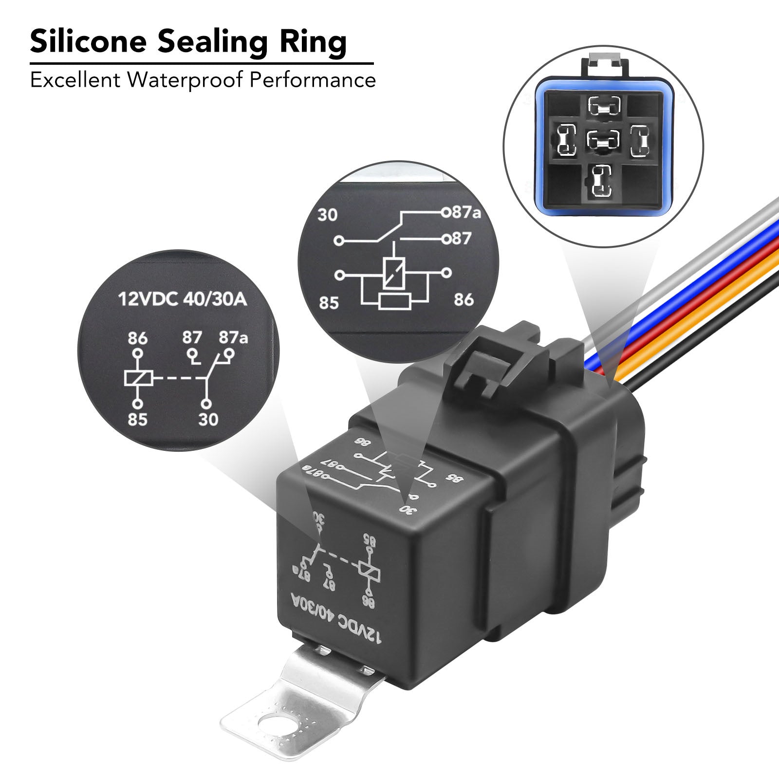 WRL-K4 - Waterproof 5-pin 30/40a 12v SPDT Relays with Harness Sockets, Heavy Duty 12awg Tinned Copper Wire, Automotive Marine Relays Kits - 4 Pack
