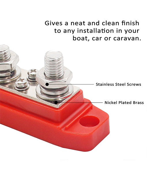 BB46P - Busbar 4 X 3/8” Studs 6 X #8 Screw Terminals Red & 4 X 5/16” Studs 6 X #8 Screw Terminals Black Power Distribution Block with Ring Terminals (pair)