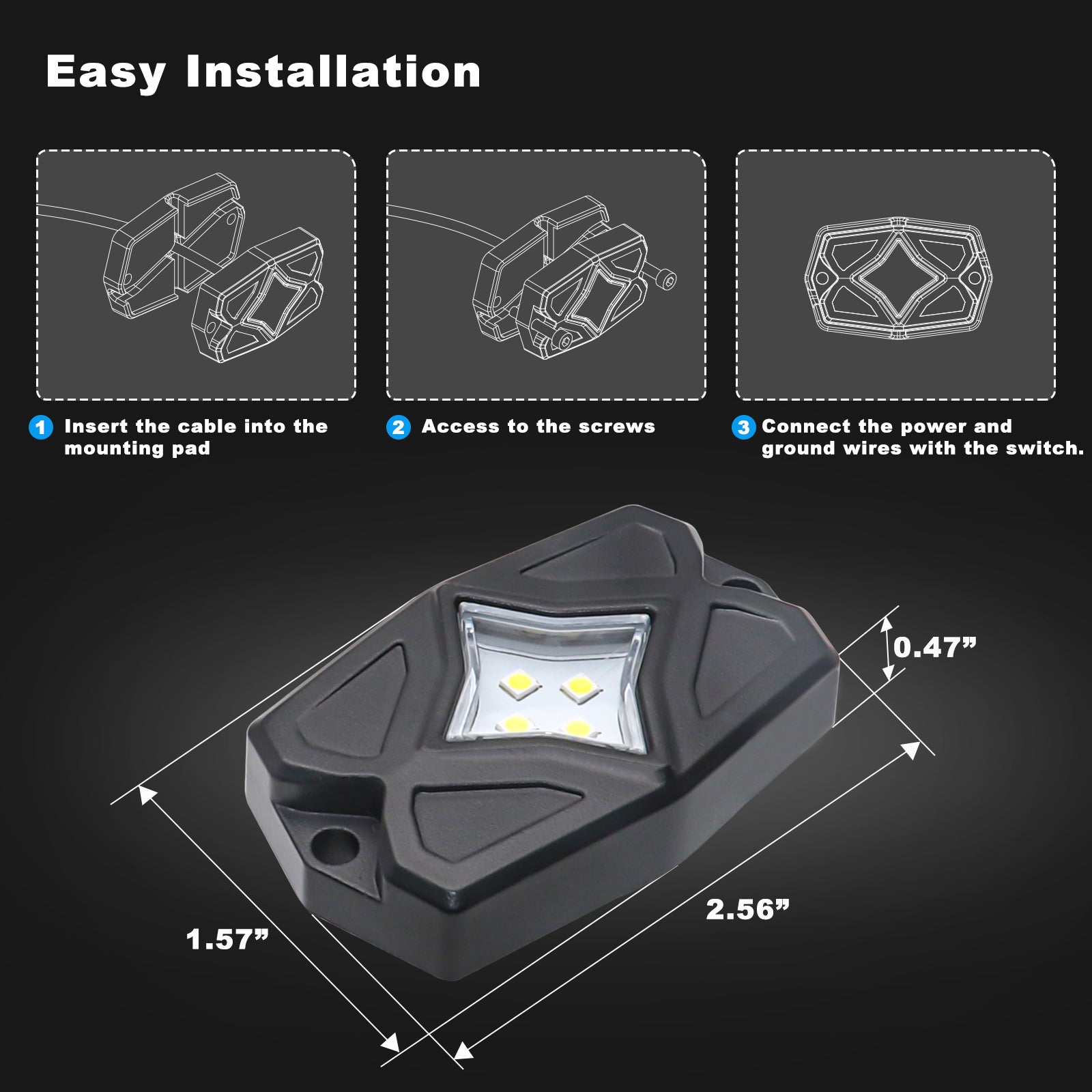 RLW-6 - IP68 Waterproof White LED Rock Lights 6 Pods, Under-glow White LED Light for Car Truck ATV UTV Suv Off-road Boat Motorcycle Vehicle, Under Body Glow Light Lamp Trail Fender Lighting