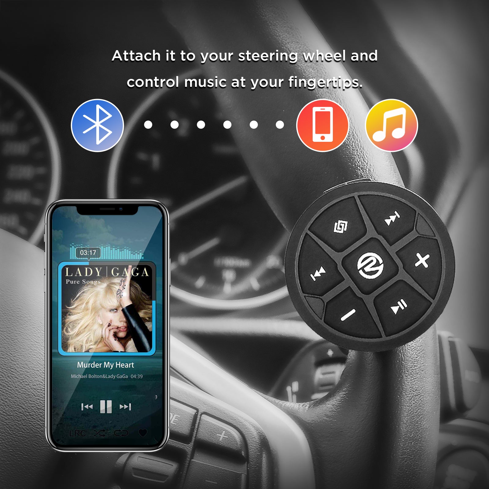 PRC-2B - Waterproof Bluetooth Media Button, Wearable & Steering Wheel Remote Control for Car, Bike, Boat and Powersports Vehicles (Color Black)