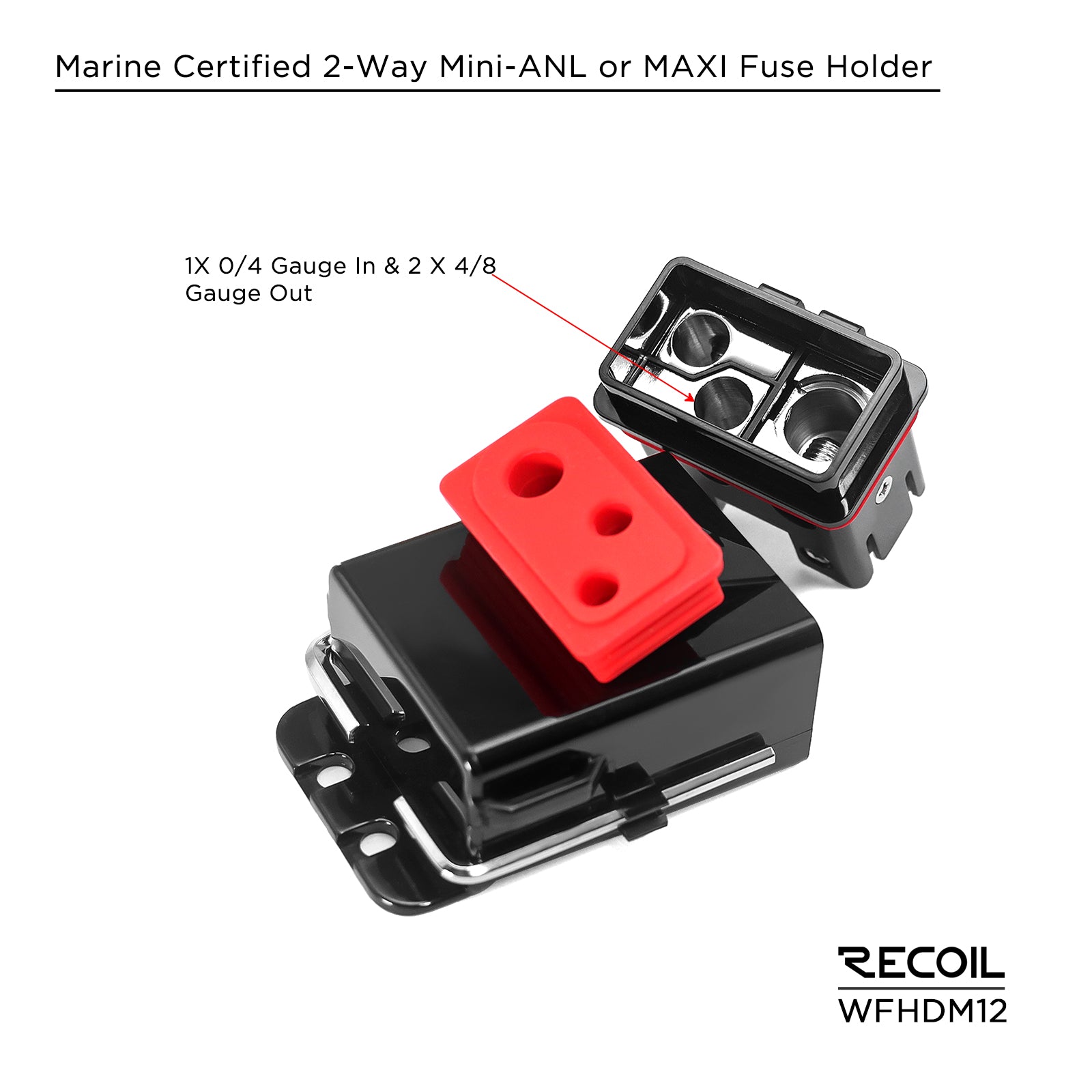 WFHDM12 - Waterproof Dual Maxi or Mini-anl Fused Distribution Block, 1x0/4awg Input & 2 X 6/8awg Outputs