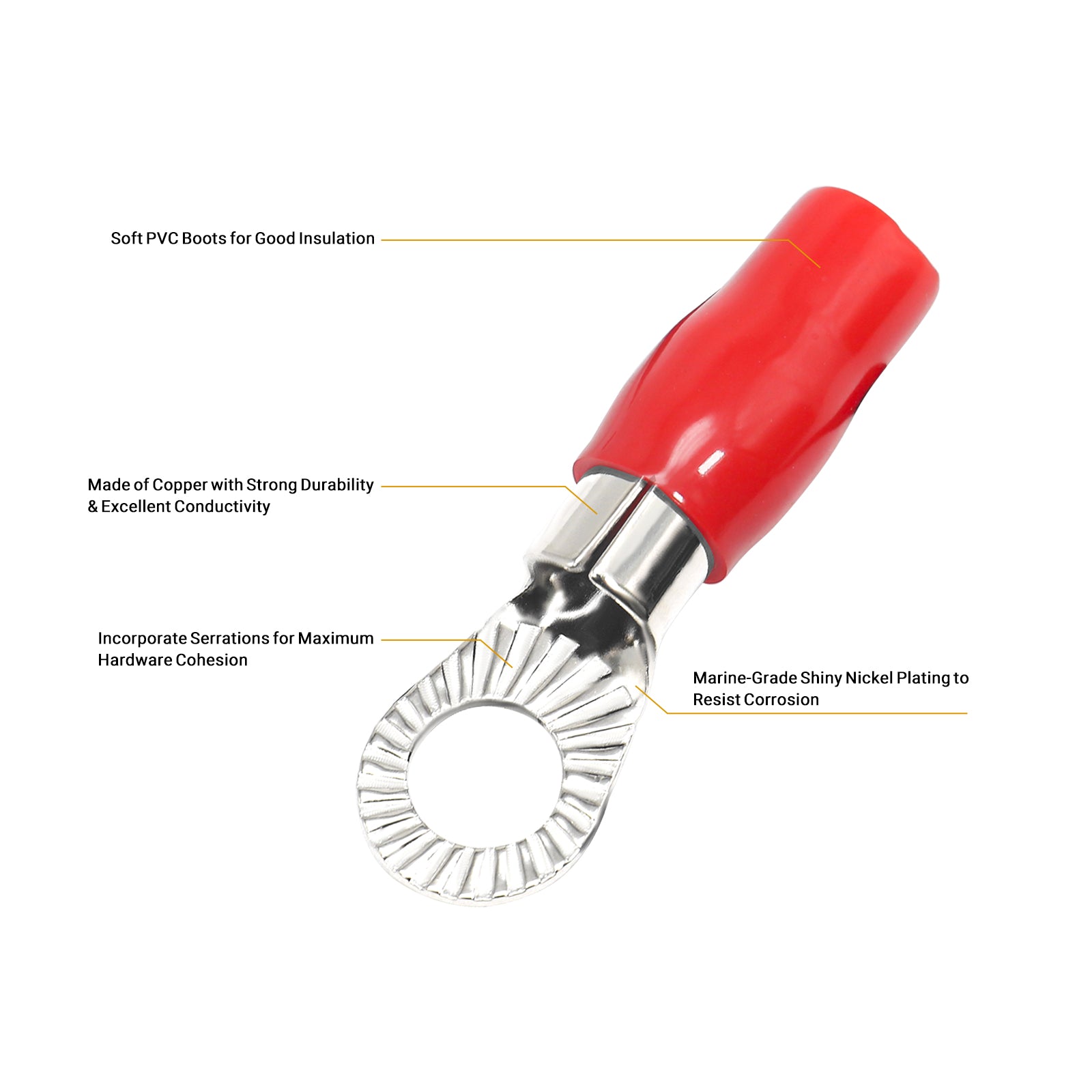 RT438-20 - 20pcs 4awg Copper Ring Terminals, 3/8” Ring Hole, Shiny Nickel Plated Crimp Ring Terminals with 20pcs Red & Black Soft Boots