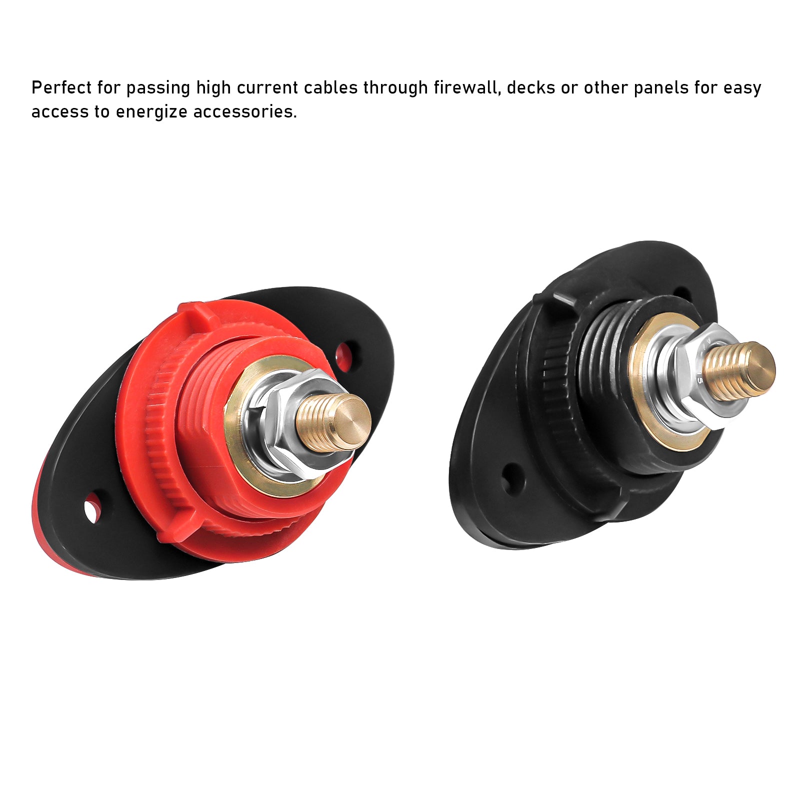 BTTP-38 - Premium High Current 3/8” Feed-thru Panel Battery Terminal Connectors with Silicone Terminal Covers, Red & Black Pair