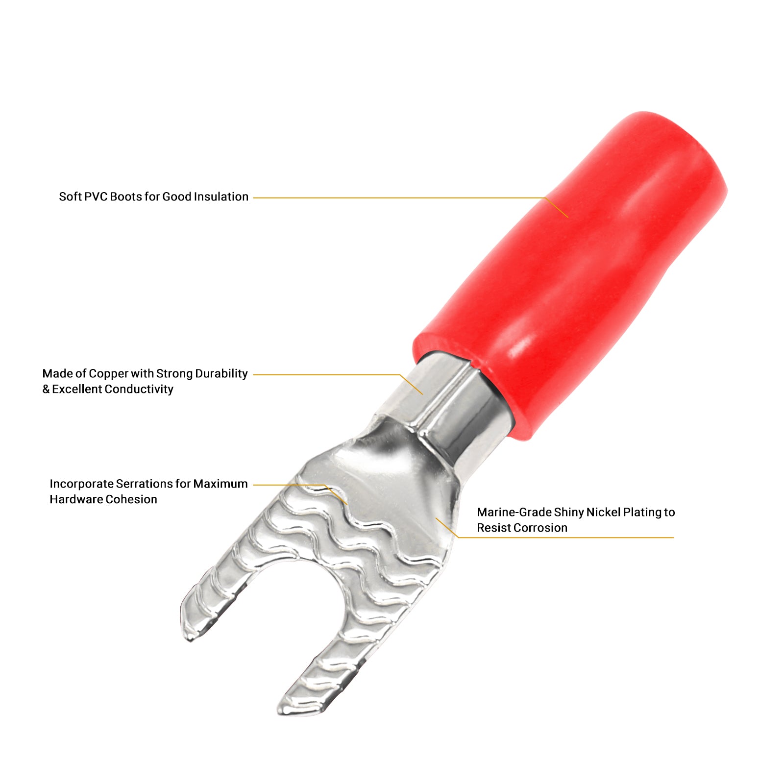 ST1008-20 - 20pcs 10awg Copper Spade Terminals, #8 Opening, Shiny Nickel Plated Crimp Ring Terminals with 20pcs Red & Black Soft Boots