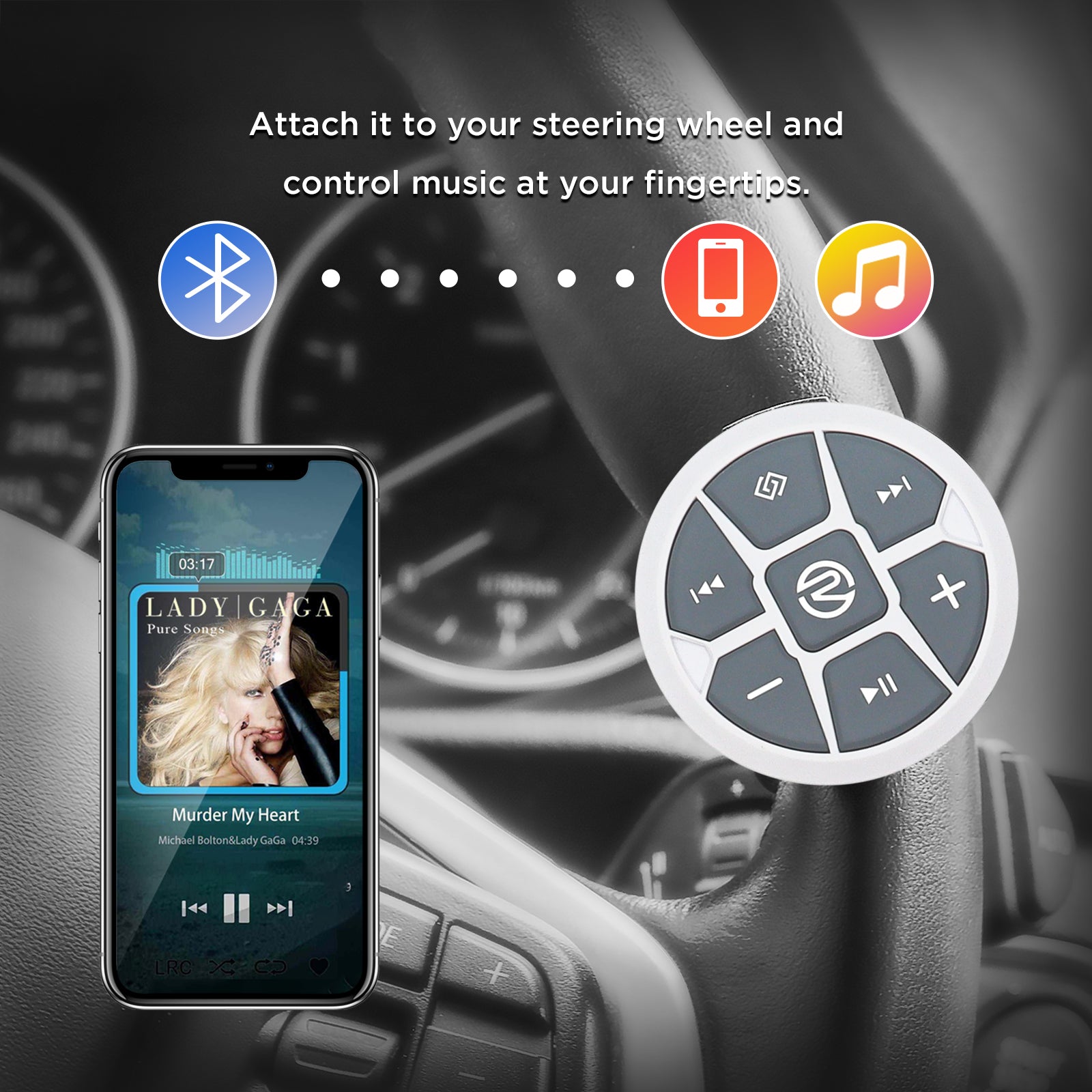 PRC-2W - Waterproof Bluetooth Media Button, Wearable & Steering Wheel Remote Control for Car, Bike, Boat and Powersports Vehicles (Color White)