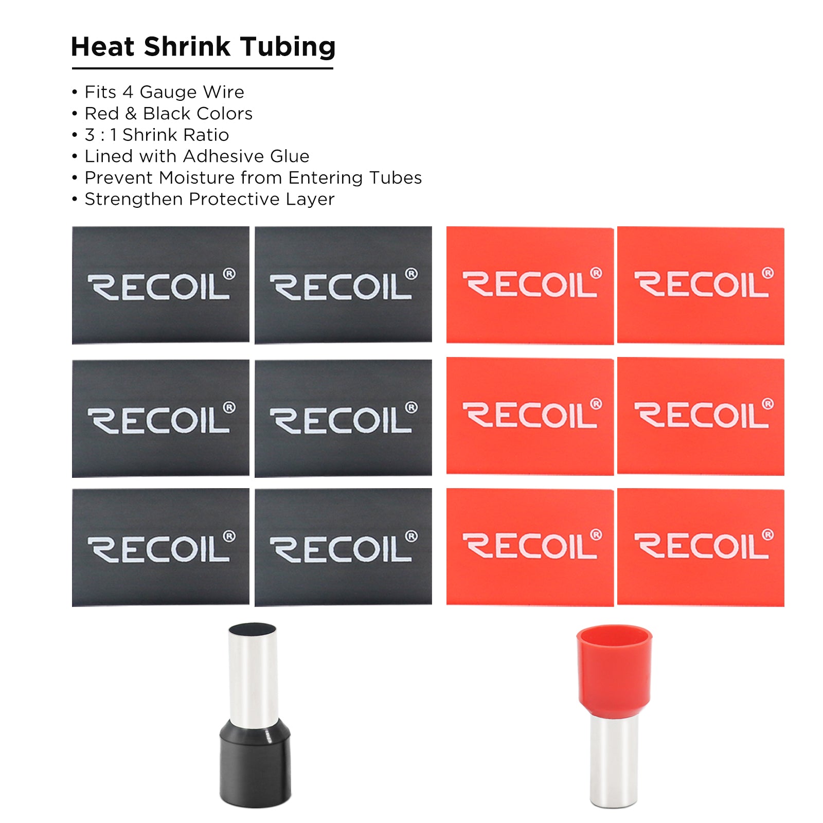 WF412 - Wire Ferrules with Heat Shrink Tubes, 4awg, 6 Red/6 Black