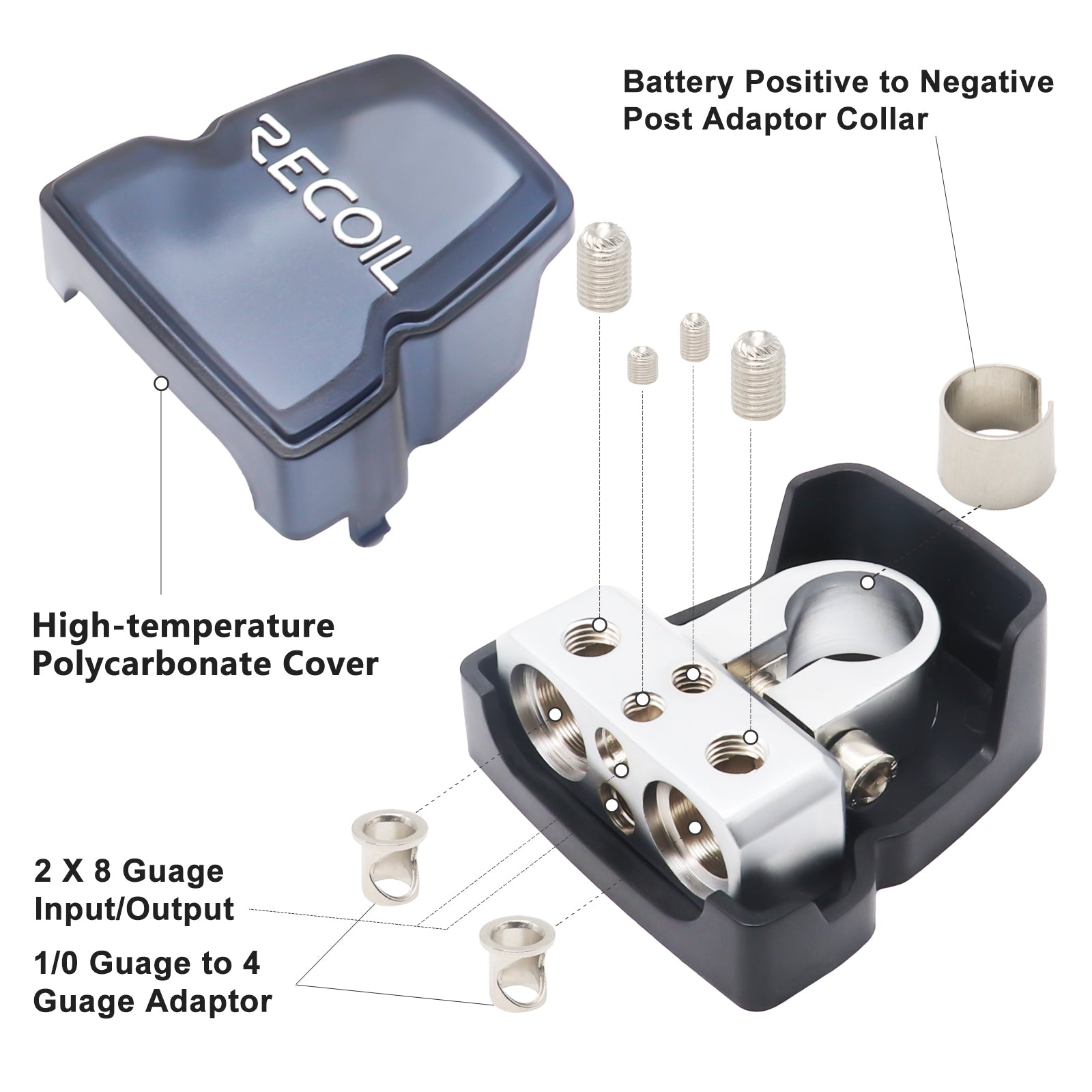PBT-2028 - 2 Pack Premium Solid Brass Positive/negative Battery Terminals with Two 0/2/4 Gauge Outputs and Two 8 Gauge Outputs