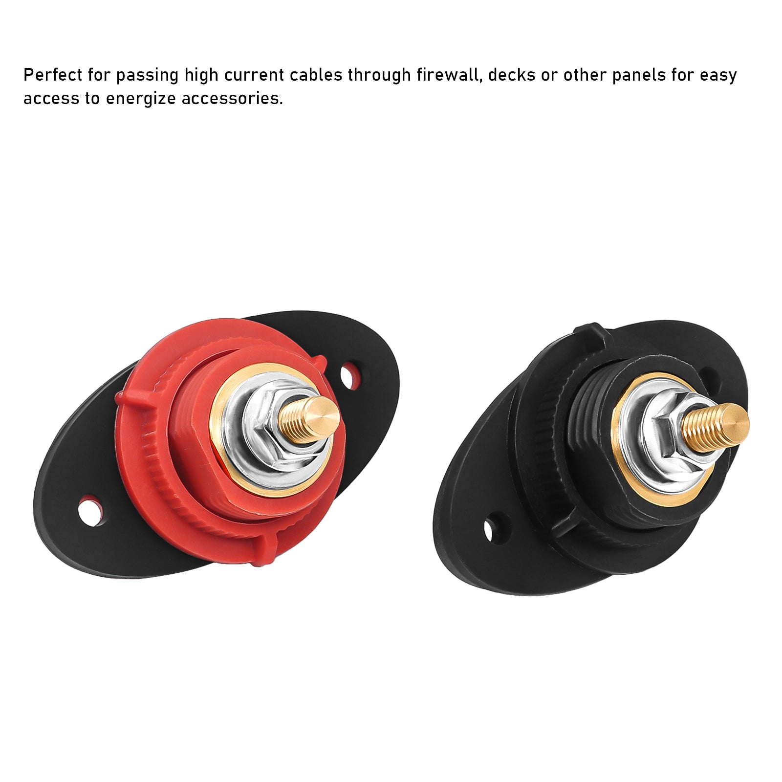 BTTP-516 - Premium High Current 5/16” Feed-thru Panel Battery Terminal Connectors with Silicone Terminal Covers, Red & Black Pair