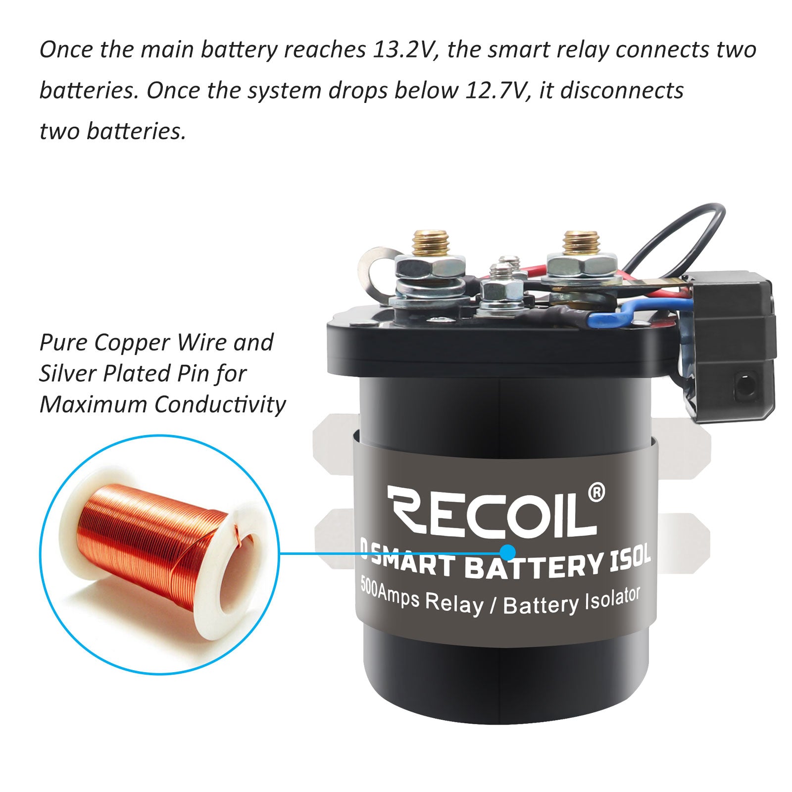 SRL500 - Microprocessor Controlled 500a Smart Battery Isolator and High Current Starter Relay, Dual Sensing Smart Relay, with Ring Terminals