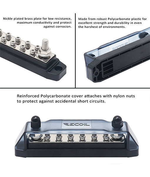 BB212P - Bus Bar 2 X 5/16” Studs and 12 X #8 Screw Terminals Power Distribution Block Busbar with Ring Terminals Pair, Red & Black